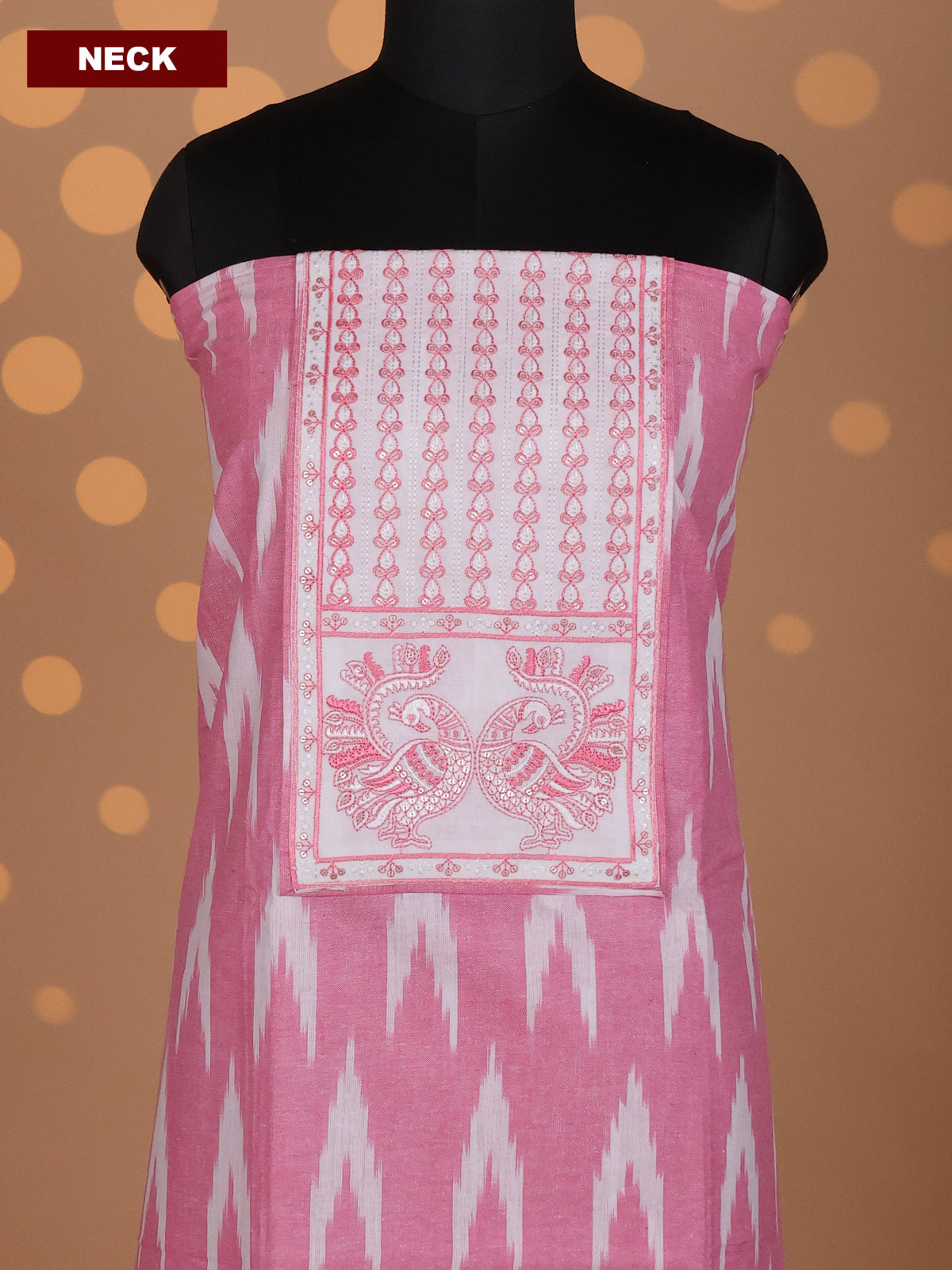 Peach and Off White Cotton Dress Material With Ikat Weaves & Embroidery Work Neck Pattern and Bottom & Dupatta