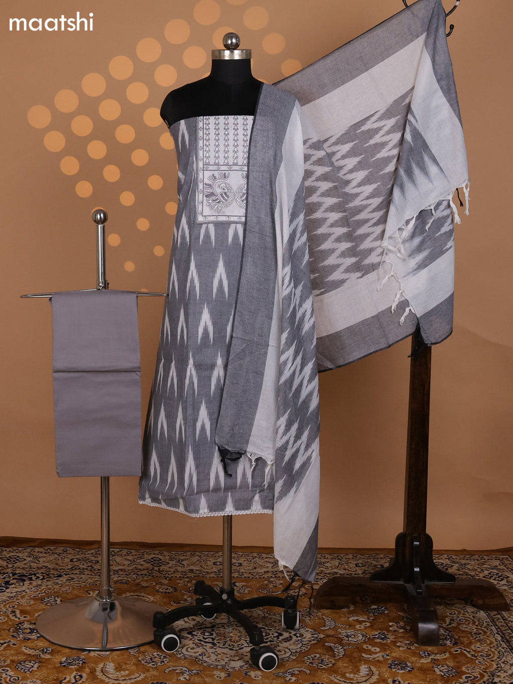 Grey and Off White Cotton Dress Material With Ikat Weaves & Embroidery Work Neck Pattern and Bottom & Dupatta