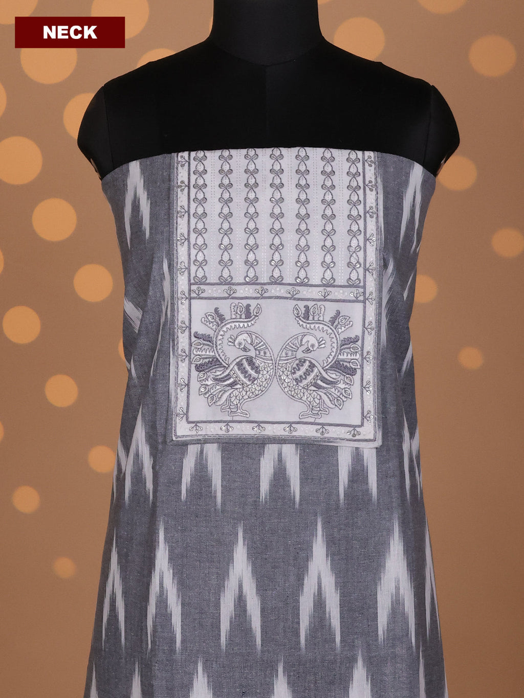 Grey and Off White Cotton Dress Material With Ikat Weaves & Embroidery Work Neck Pattern and Bottom & Dupatta