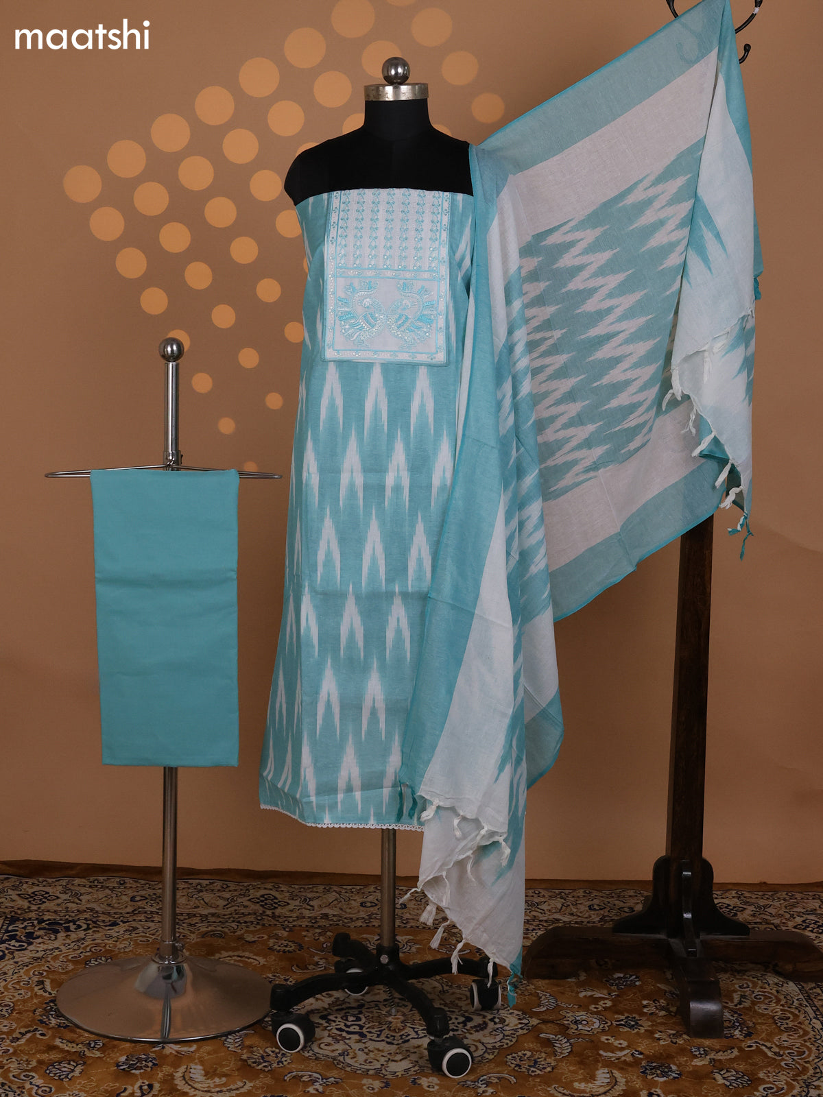 Teal Shade and Off White Cotton Dress Material With Ikat Weaves & Embroidery Work Neck Pattern and Bottom & Dupatta