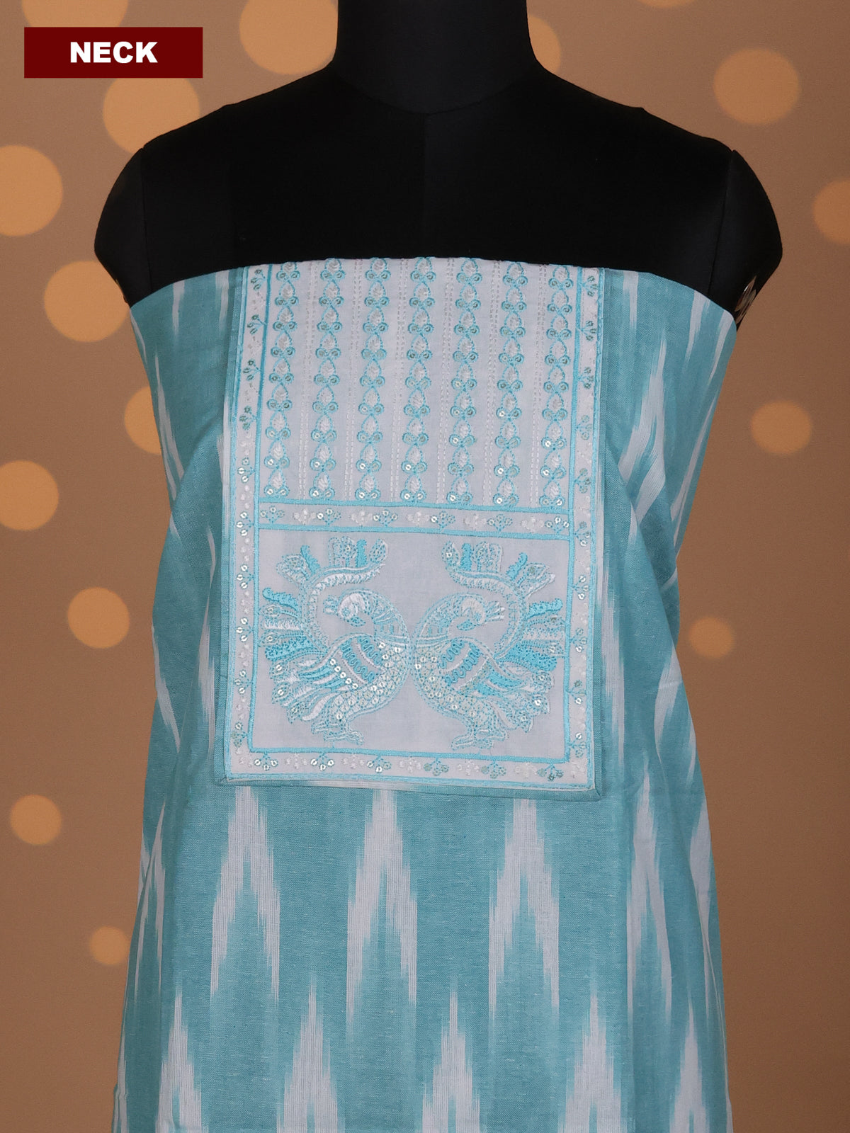Teal Shade and Off White Cotton Dress Material With Ikat Weaves & Embroidery Work Neck Pattern and Bottom & Dupatta