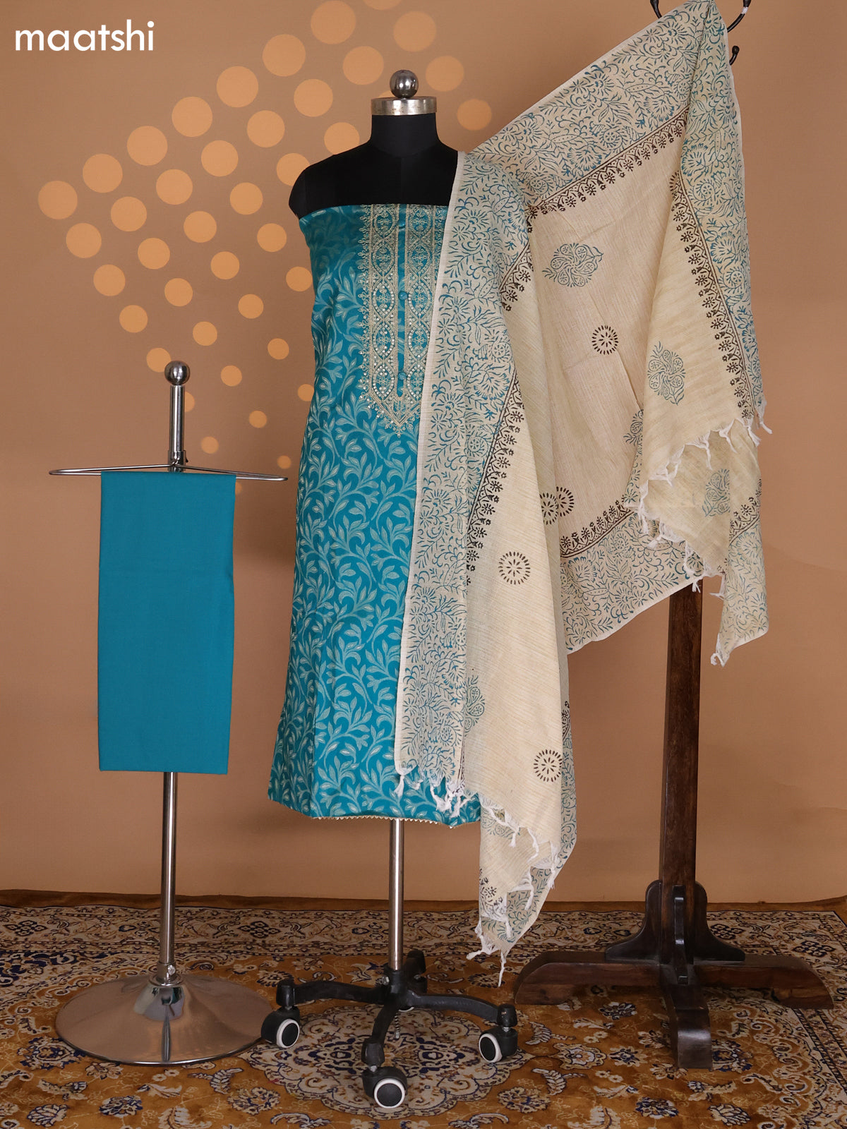 Teal Green and Beige Cotton Dress Material With Allover Banarasi Style Weaves & Embroidery Work Neck Pattern and Bottom & Dupatta