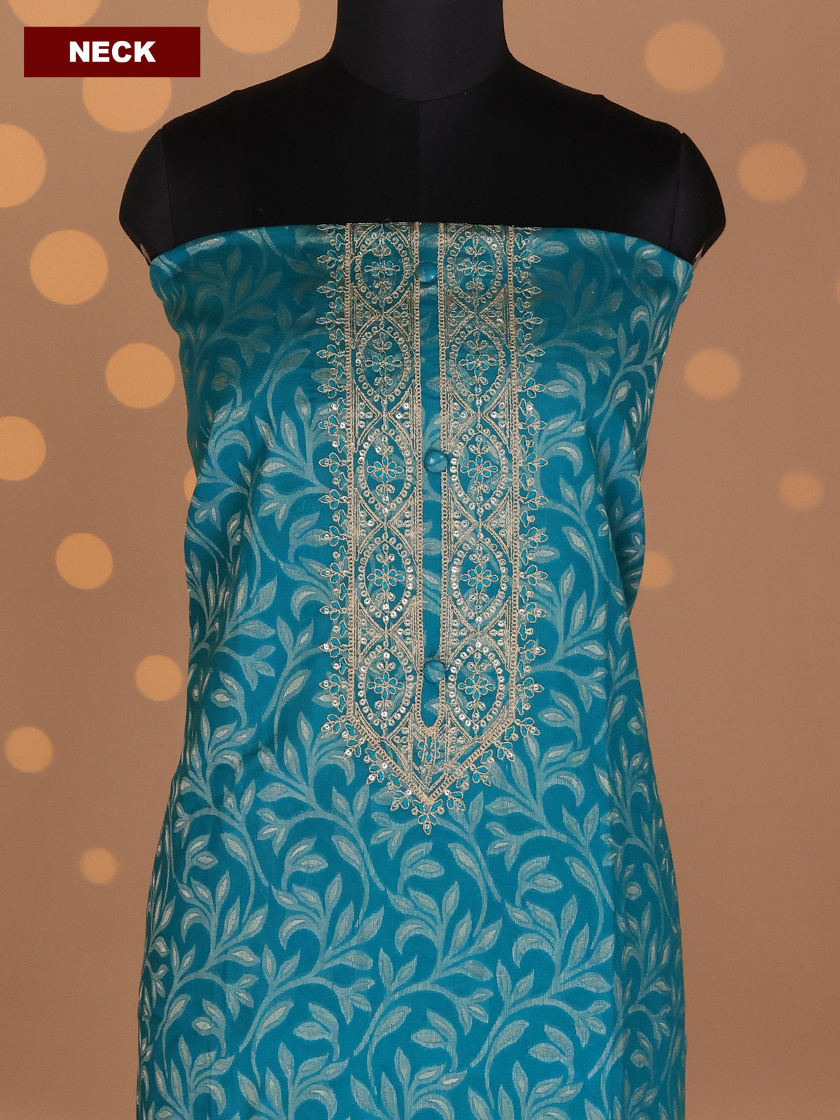 Teal Green and Beige Cotton Dress Material With Allover Banarasi Style Weaves & Embroidery Work Neck Pattern and Bottom & Dupatta