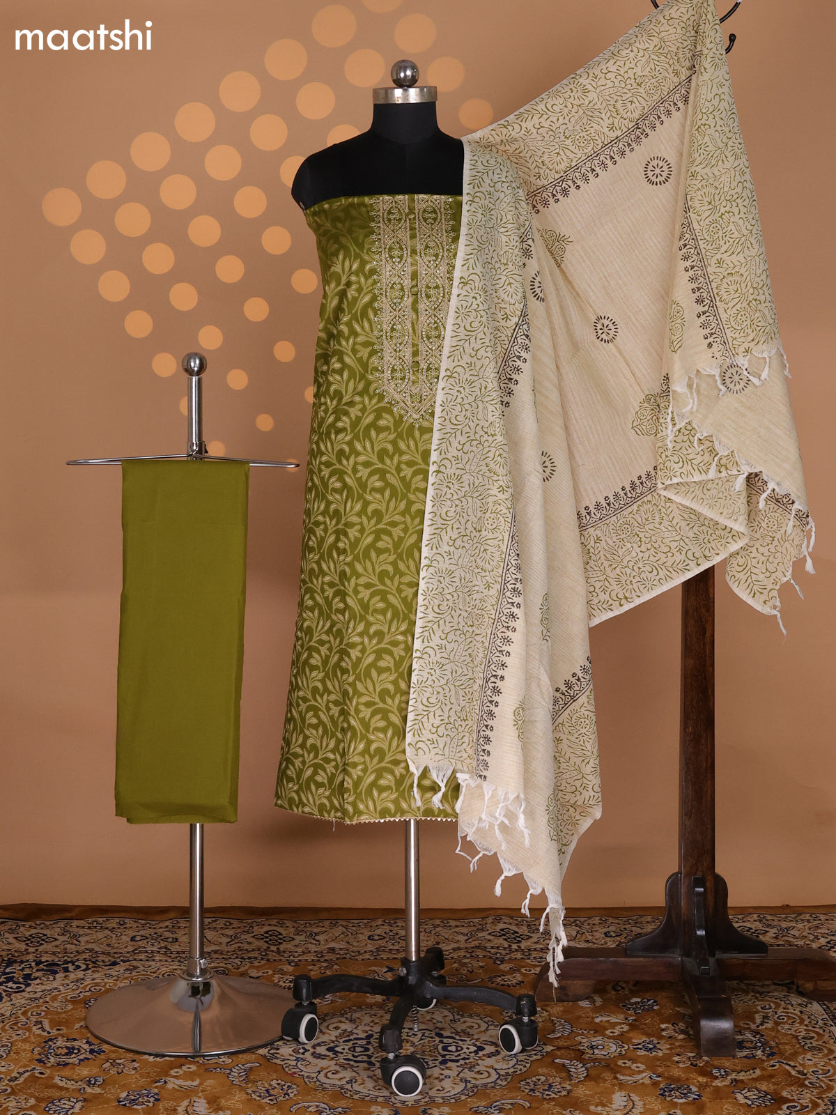 Mehendi Green and Beige Cotton Dress Material With Allover Banarasi Style Weaves & Embroidery Work Neck Pattern and Bottom & Dupatta