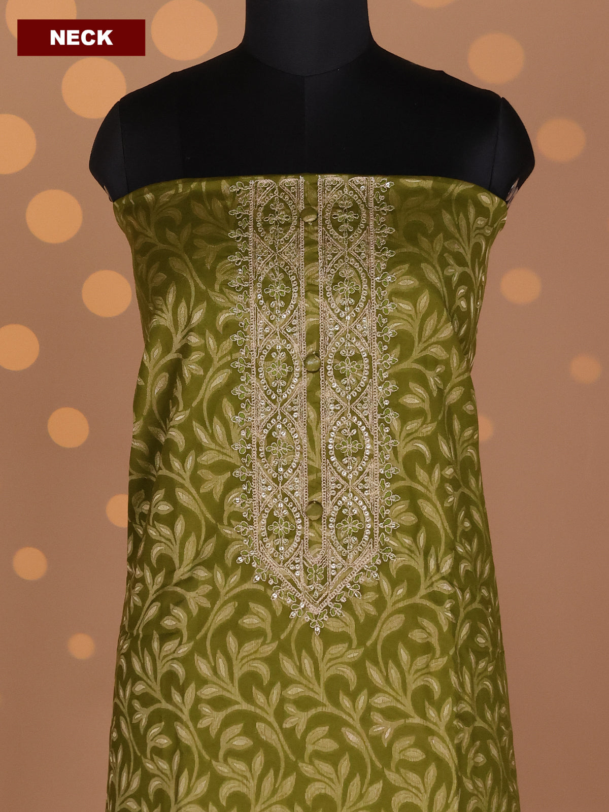 Mehendi Green and Beige Cotton Dress Material With Allover Banarasi Style Weaves & Embroidery Work Neck Pattern and Bottom & Dupatta