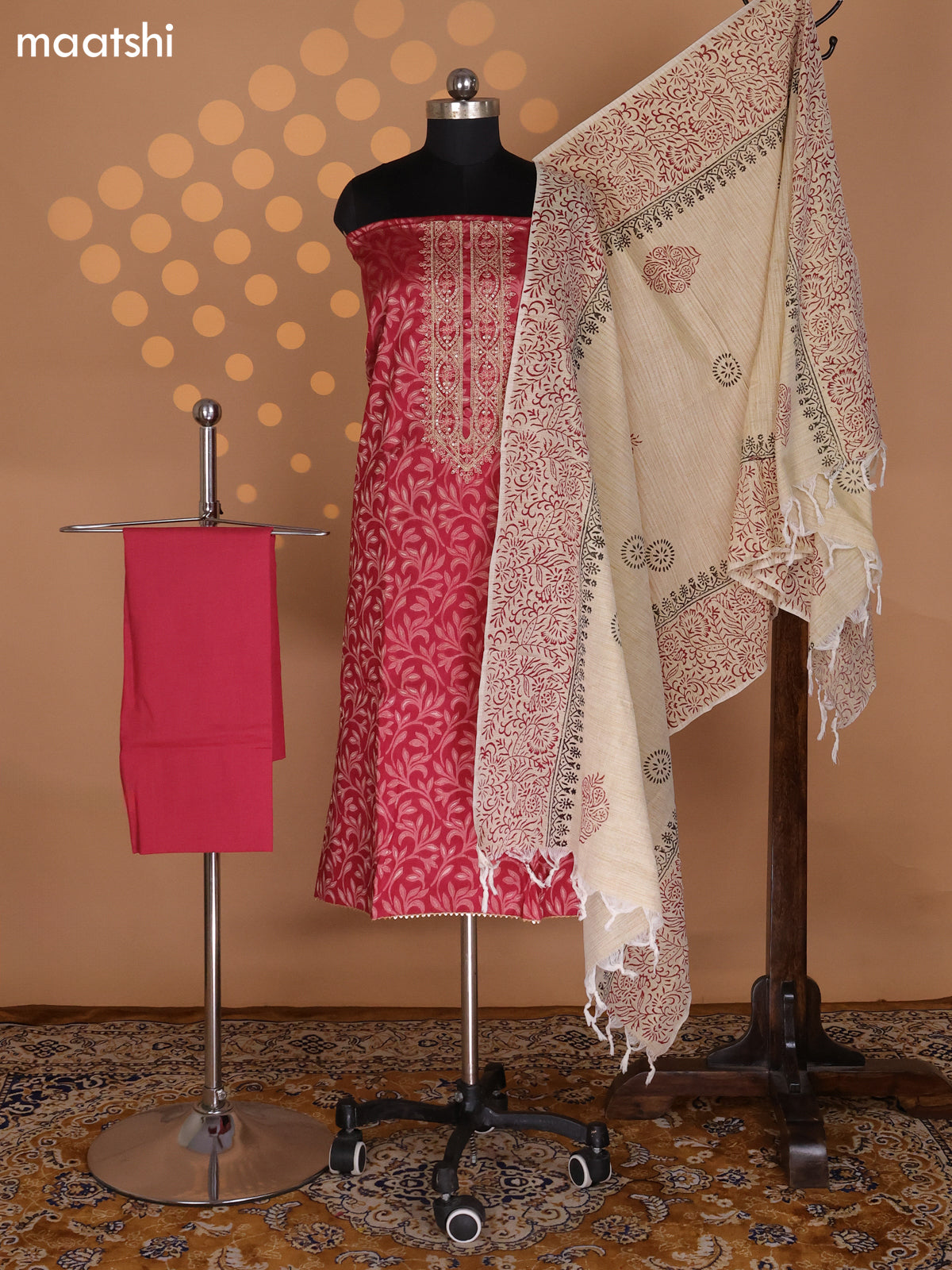 Pink and Beige Cotton Dress Material With Allover Banarasi Style Weaves & Embroidery Work Neck Pattern and Bottom & Dupatta