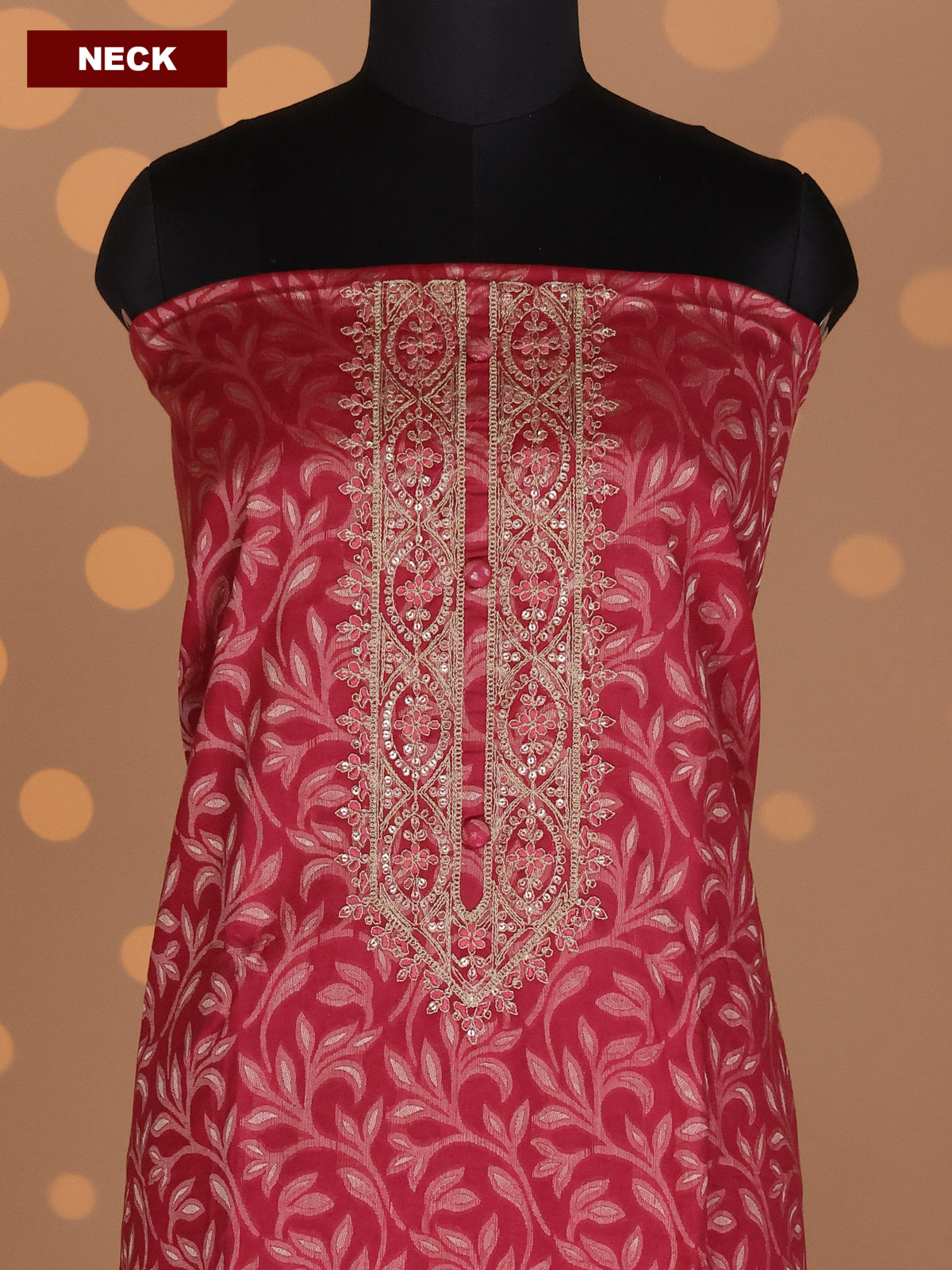 Pink and Beige Cotton Dress Material With Allover Banarasi Style Weaves & Embroidery Work Neck Pattern and Bottom & Dupatta