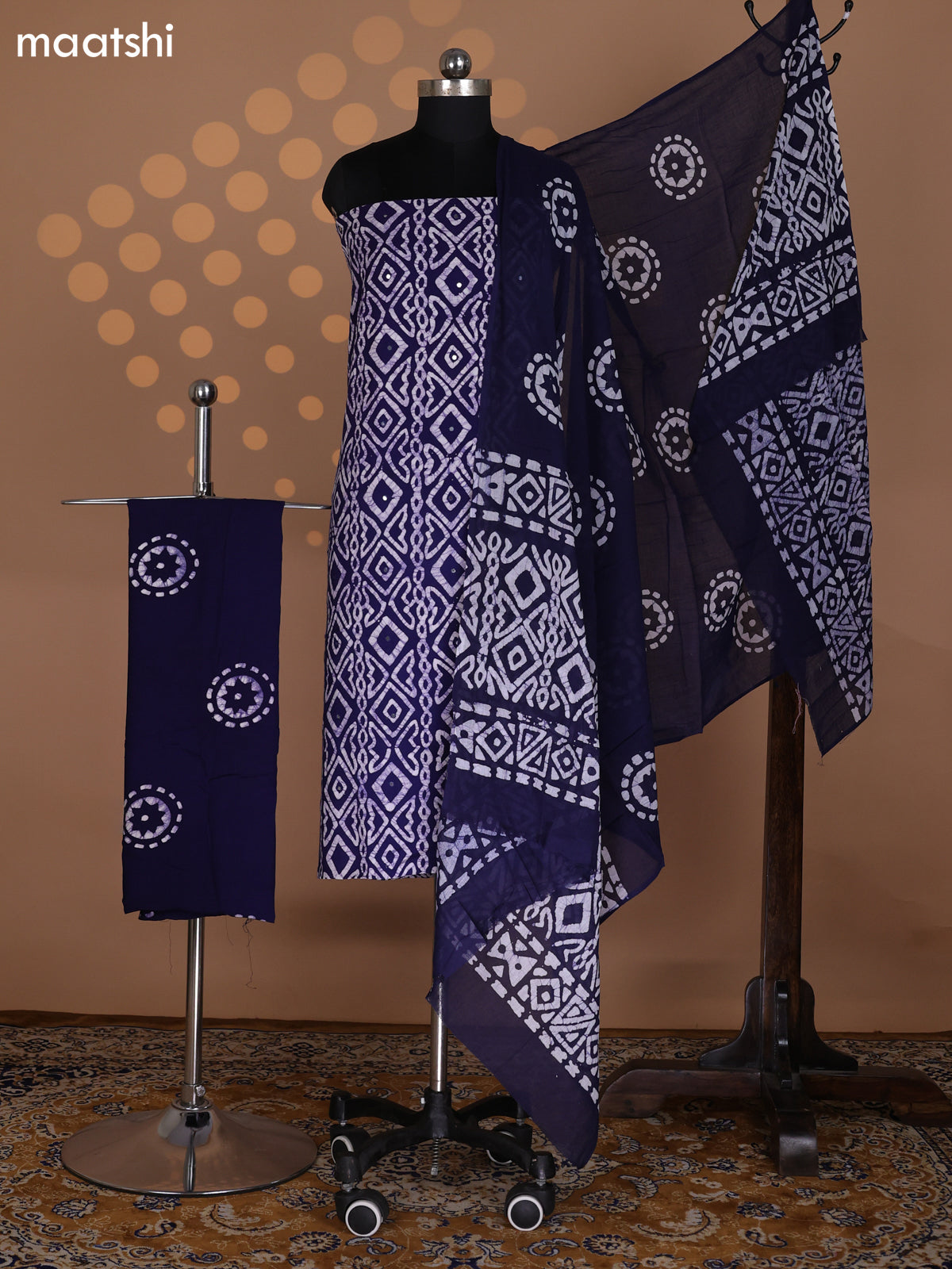 Blue and Beige Cotton Dress Material With Allover Batik Prints & Mirror Work Pattern and Bottom & Dupatta