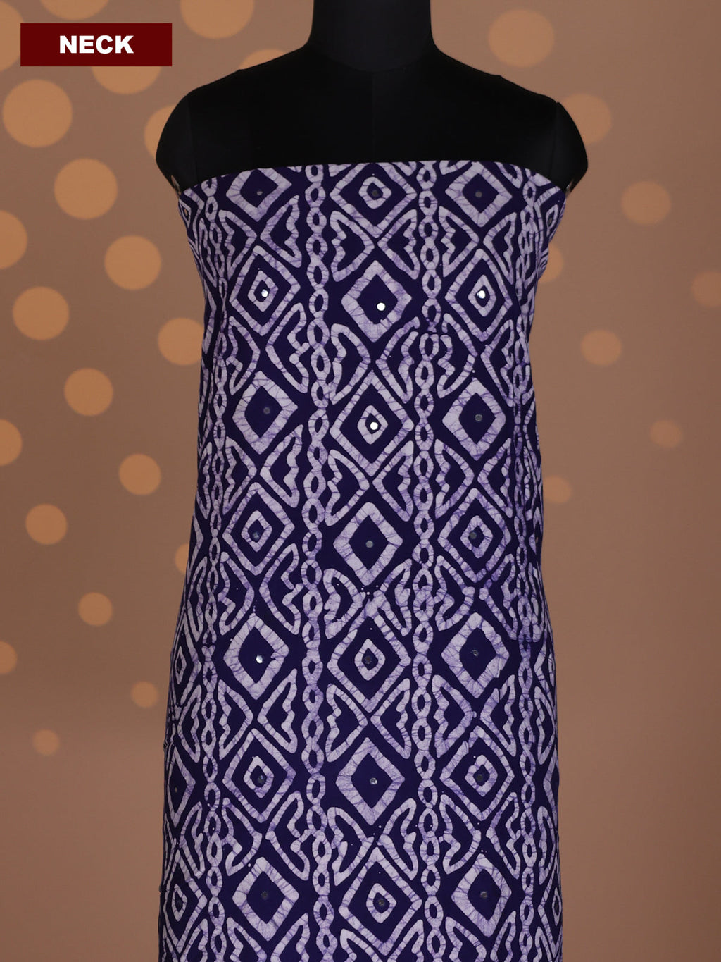 Blue and Beige Cotton Dress Material With Allover Batik Prints & Mirror Work Pattern and Bottom & Dupatta