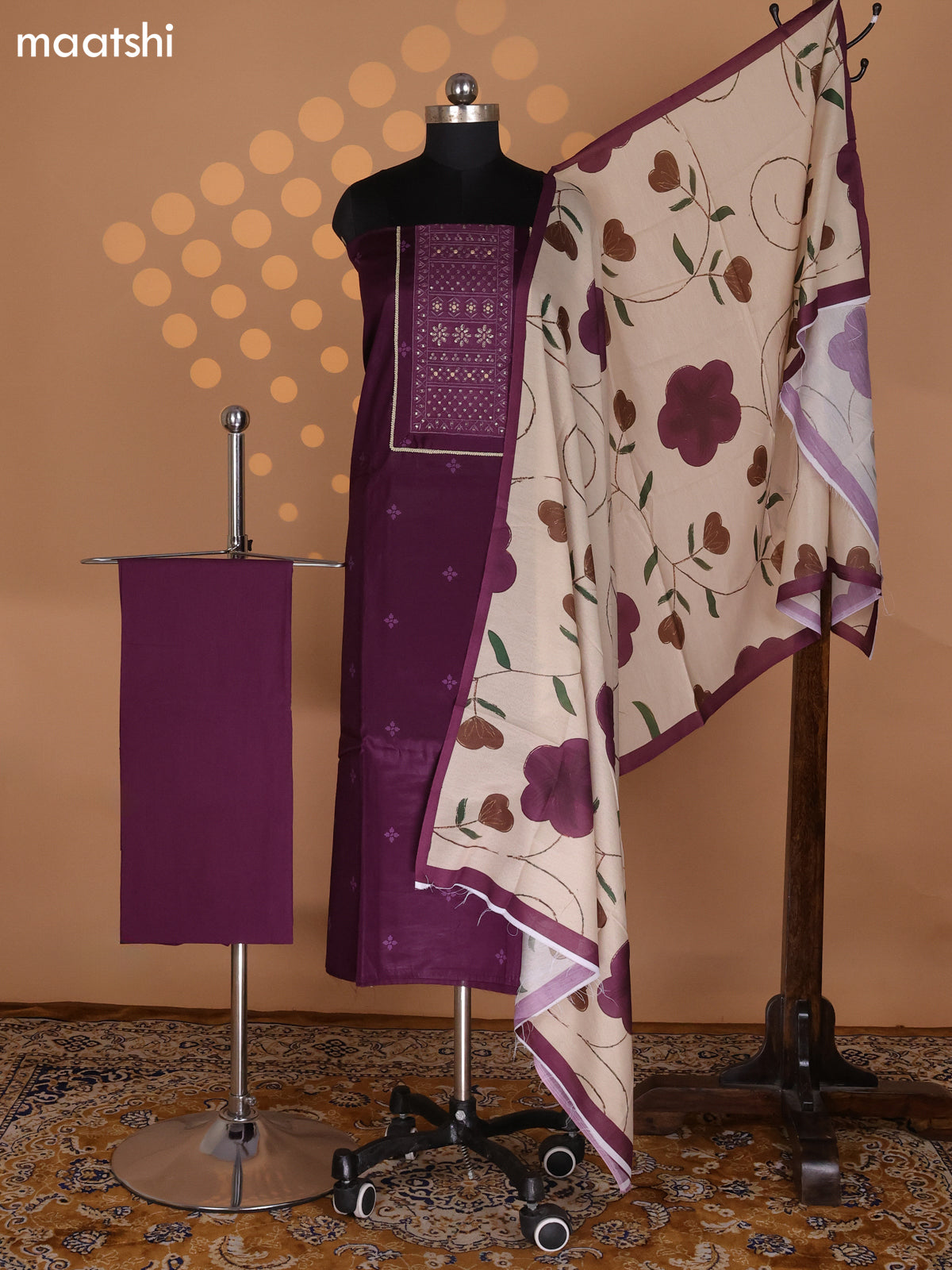 Wine and Beige Cotton Dress Material With Butta Prints & Embroidery Work Neck Pattern and Bottom & Dupatta