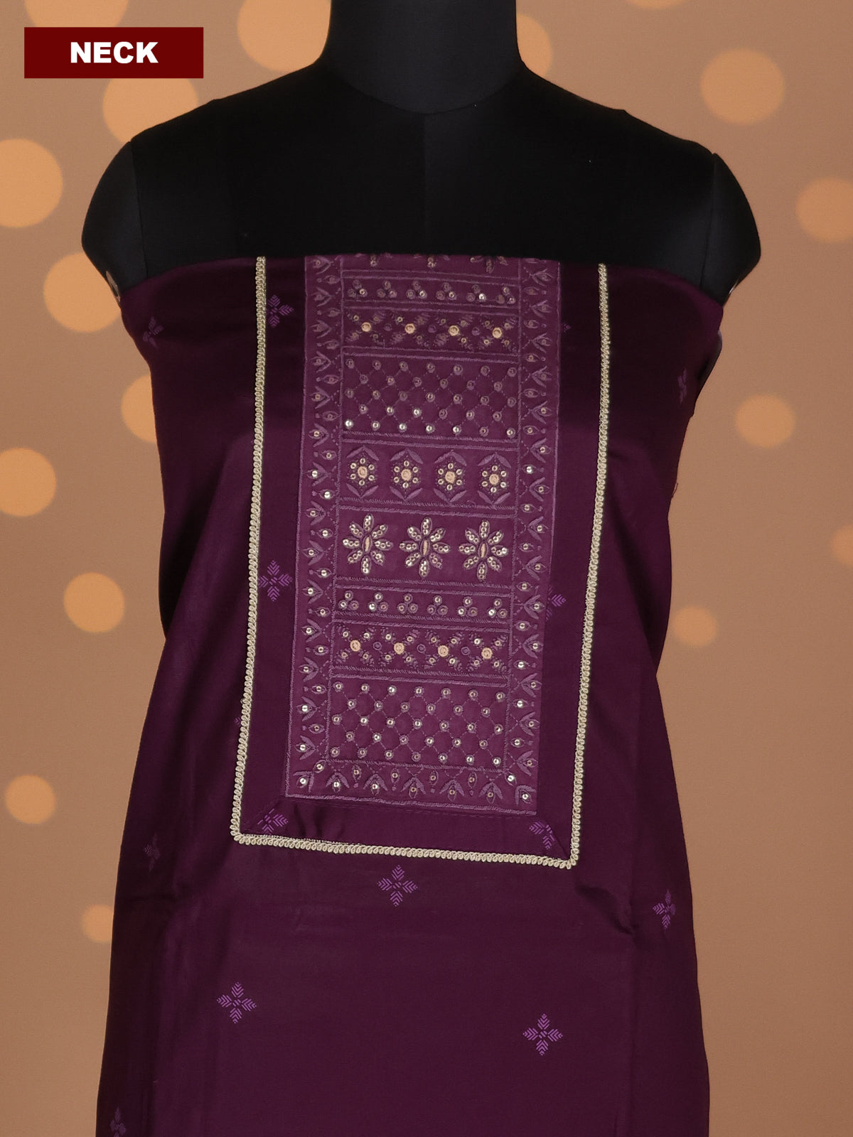 Wine and Beige Cotton Dress Material With Butta Prints & Embroidery Work Neck Pattern and Bottom & Dupatta