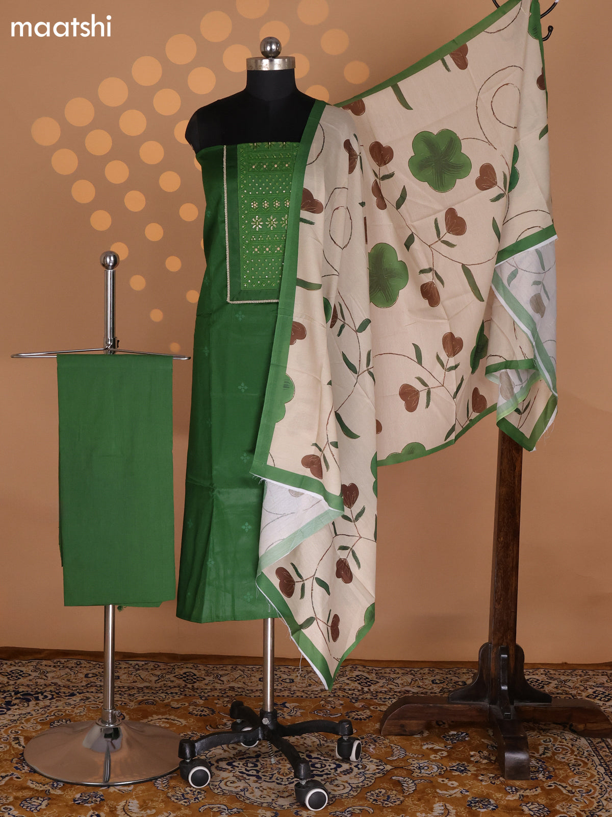 Green and Beige Cotton Dress Material With Butta Prints & Embroidery Work Neck Pattern and Bottom & Dupatta