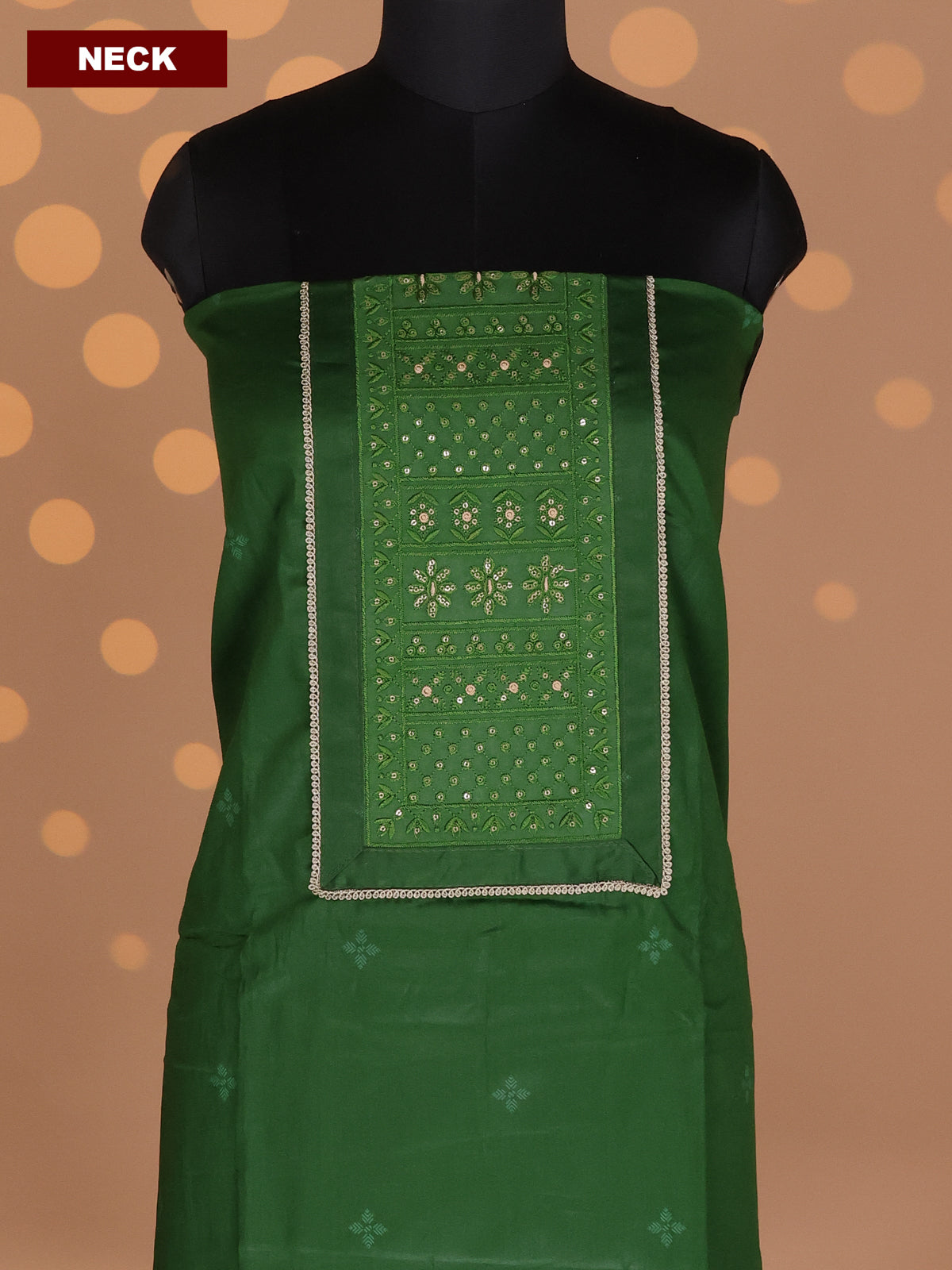 Green and Beige Cotton Dress Material With Butta Prints & Embroidery Work Neck Pattern and Bottom & Dupatta