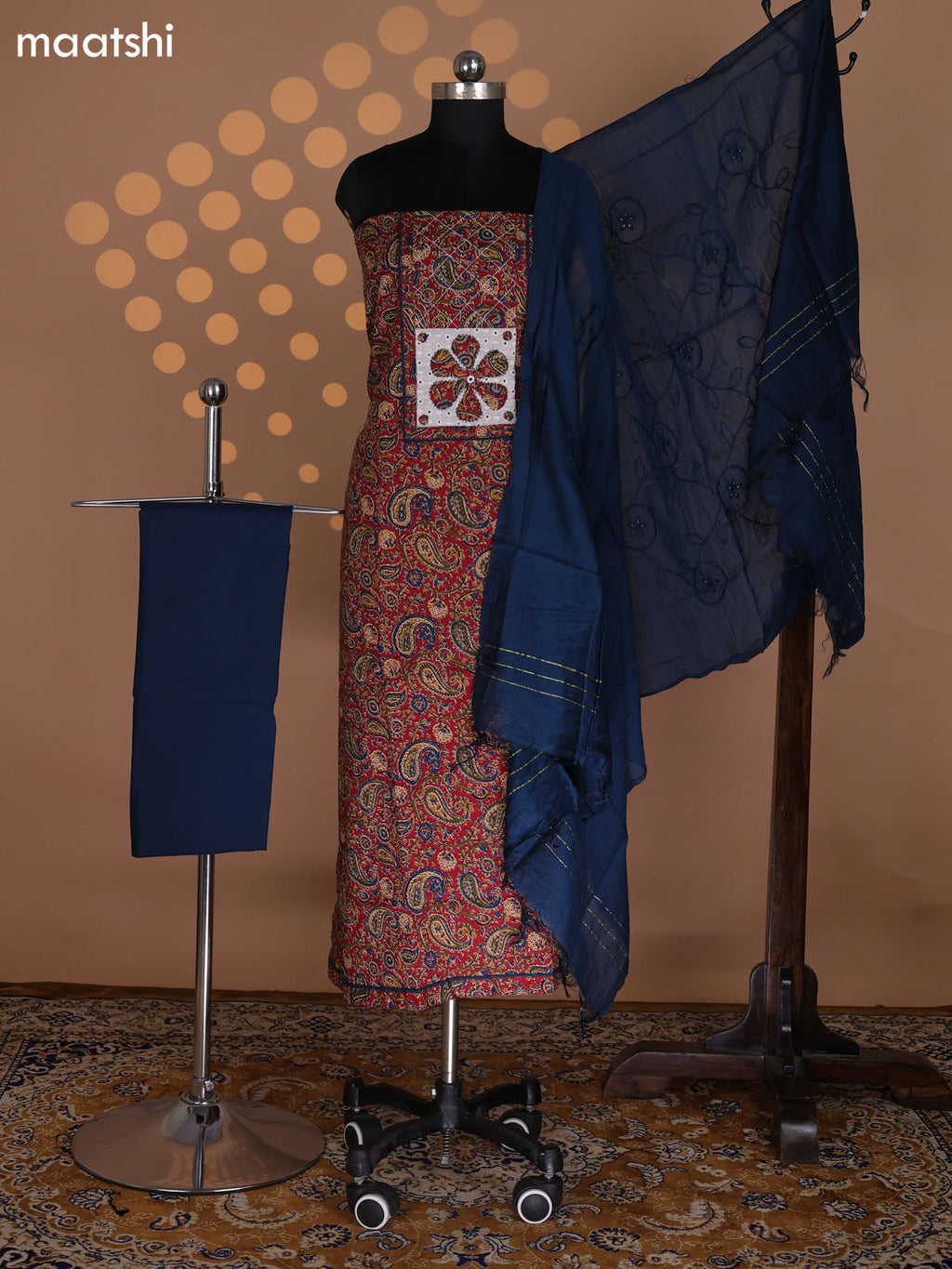 Maroon and Peacock Green Cotton Dress Material With Allover Kalamkari Prints & Patch Work Neck Pattern and Bottom & Dupatta