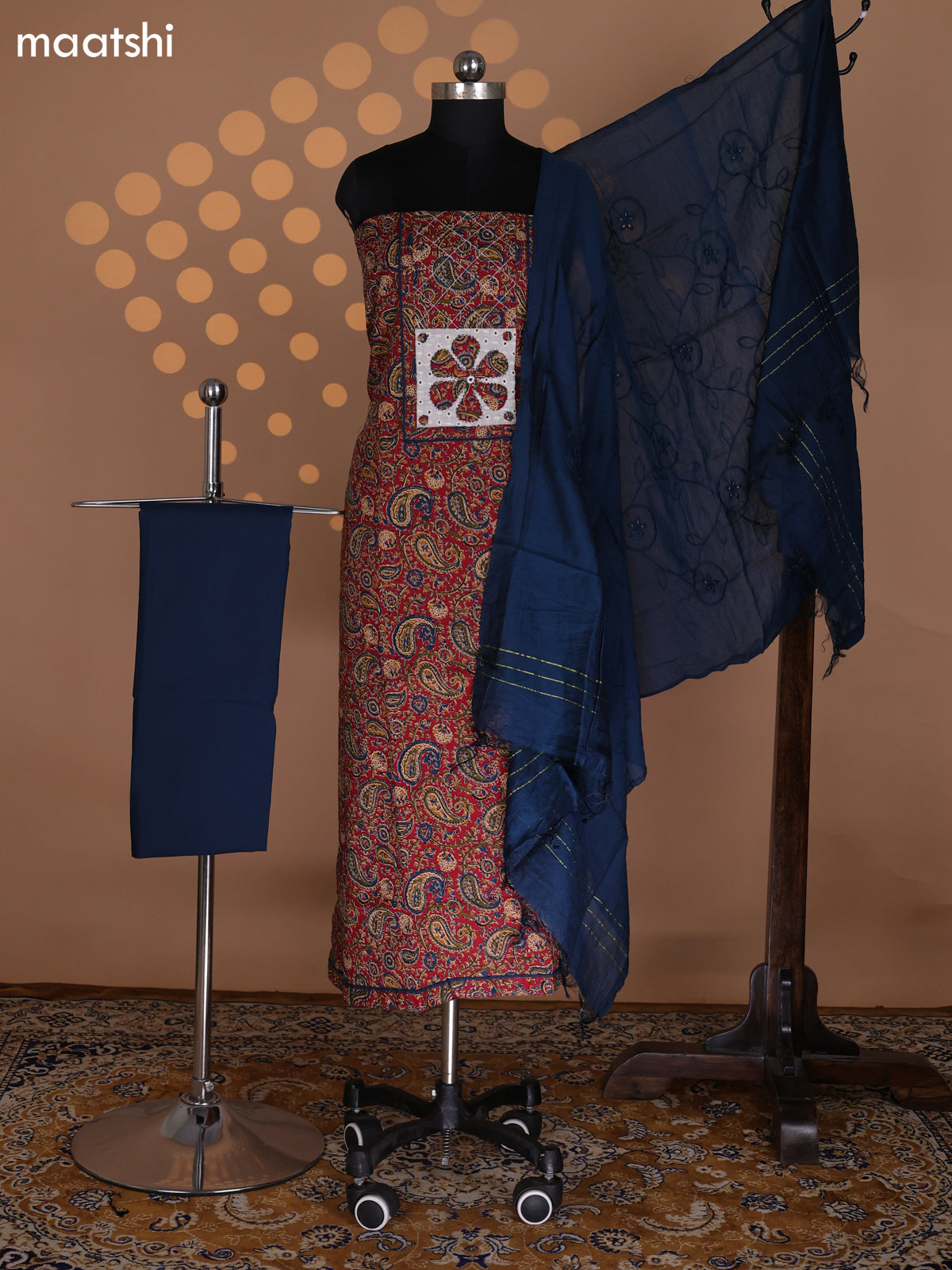 Maroon and Peacock Green Cotton Dress Material With Allover Kalamkari Prints & Patch Work Neck Pattern and Bottom & Dupatta