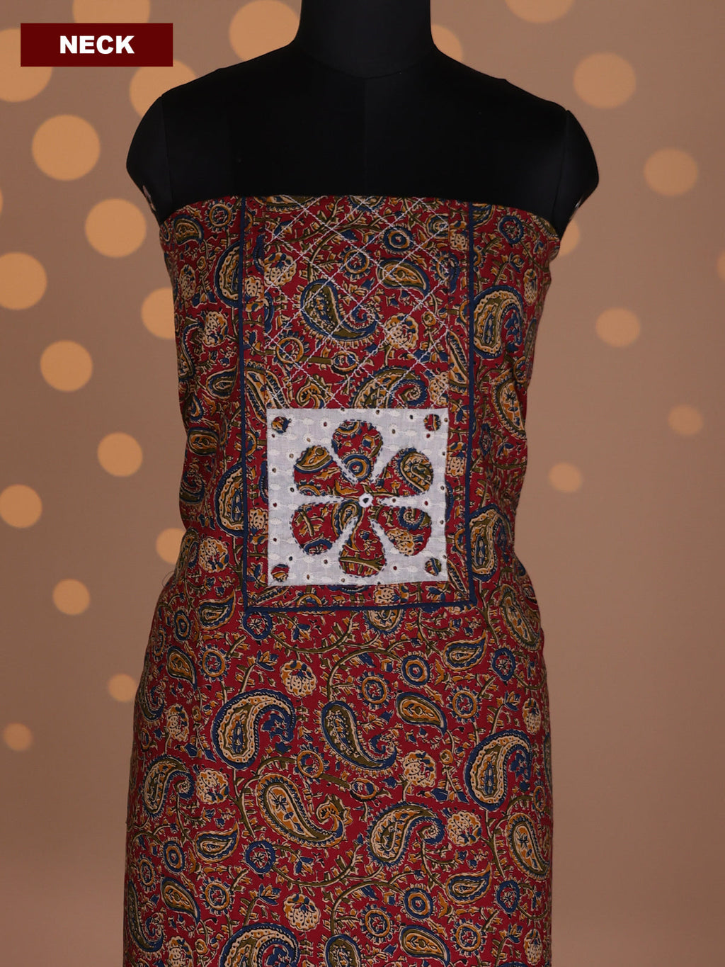 Maroon and Peacock Green Cotton Dress Material With Allover Kalamkari Prints & Patch Work Neck Pattern and Bottom & Dupatta