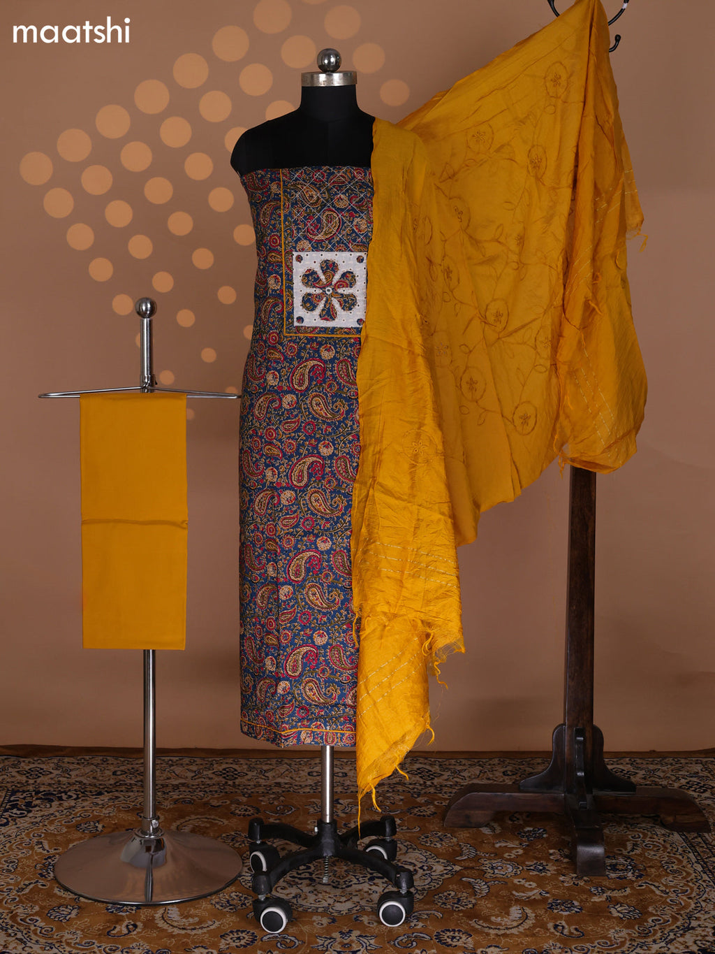 Blue and Mustard Yellow Cotton Dress Material With Allover Kalamkari Prints & Patch Work Neck Pattern and Bottom & Dupatta