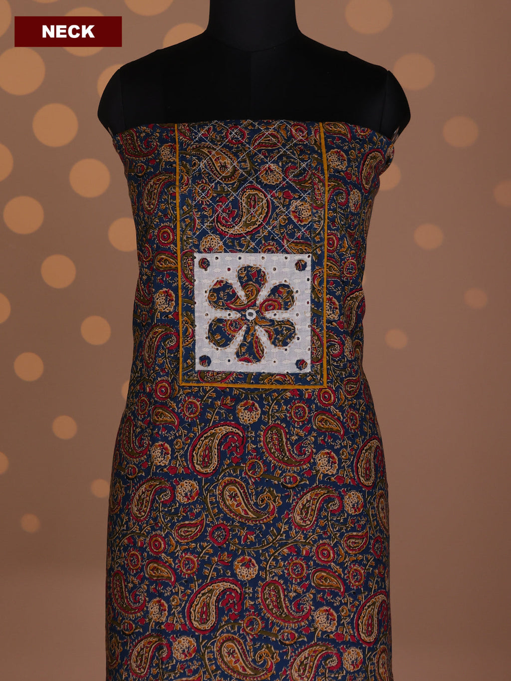 Blue and Mustard Yellow Cotton Dress Material With Allover Kalamkari Prints & Patch Work Neck Pattern and Bottom & Dupatta