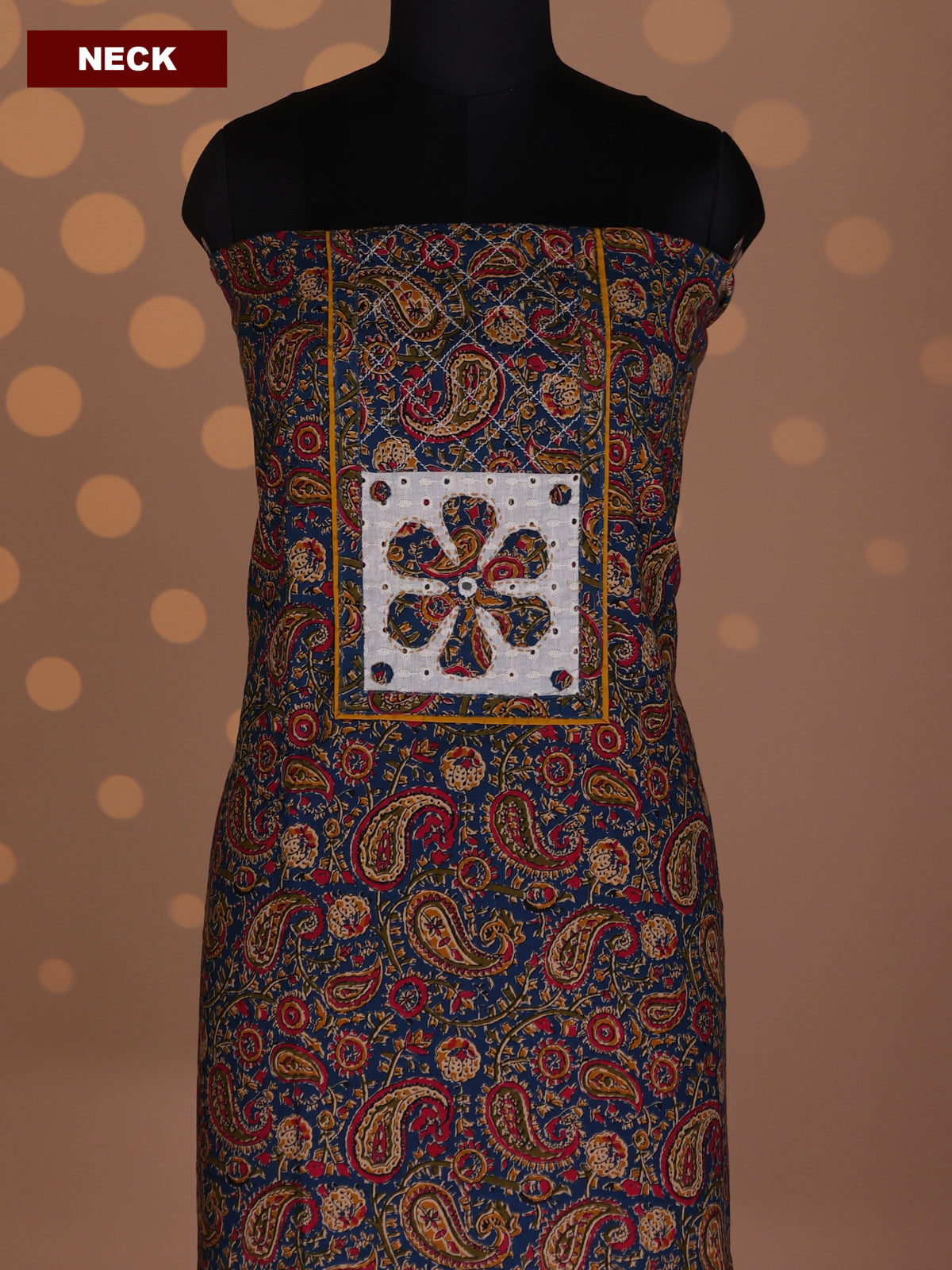 Blue and Mustard Yellow Cotton Dress Material With Allover Kalamkari Prints & Patch Work Neck Pattern and Bottom & Dupatta