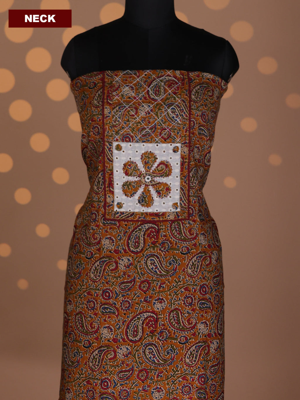 Dark Mustard and Maroon Cotton Dress Material With Allover Kalamkari Prints & Patch Work Neck Pattern and Bottom & Dupatta