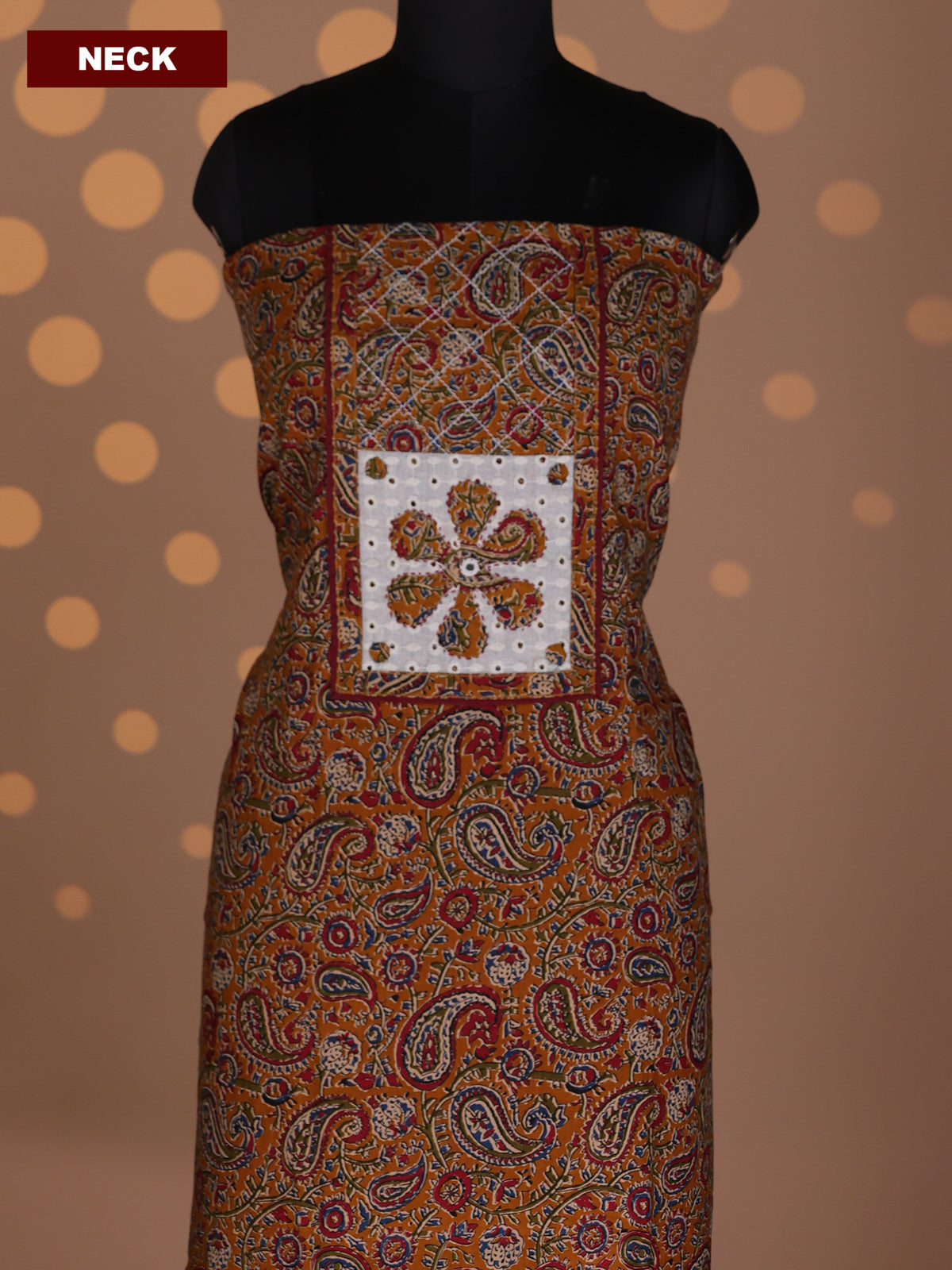 Dark Mustard and Maroon Cotton Dress Material With Allover Kalamkari Prints & Patch Work Neck Pattern and Bottom & Dupatta