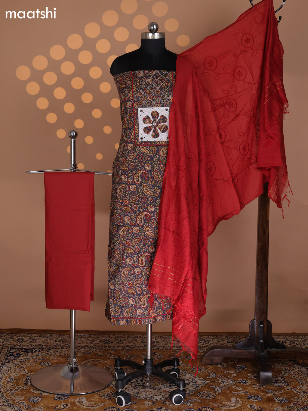 Dark Grey and Red Cotton Dress Material With Allover Kalamkari Prints & Patch Work Neck Pattern and Bottom & Dupatta