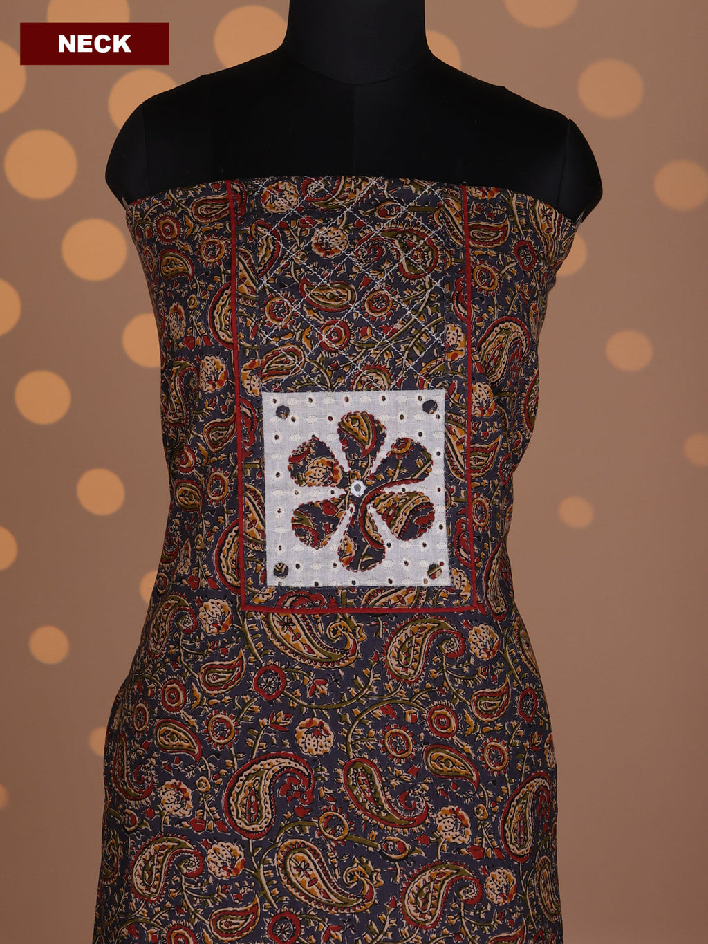 Dark Grey and Red Cotton Dress Material With Allover Kalamkari Prints & Patch Work Neck Pattern and Bottom & Dupatta