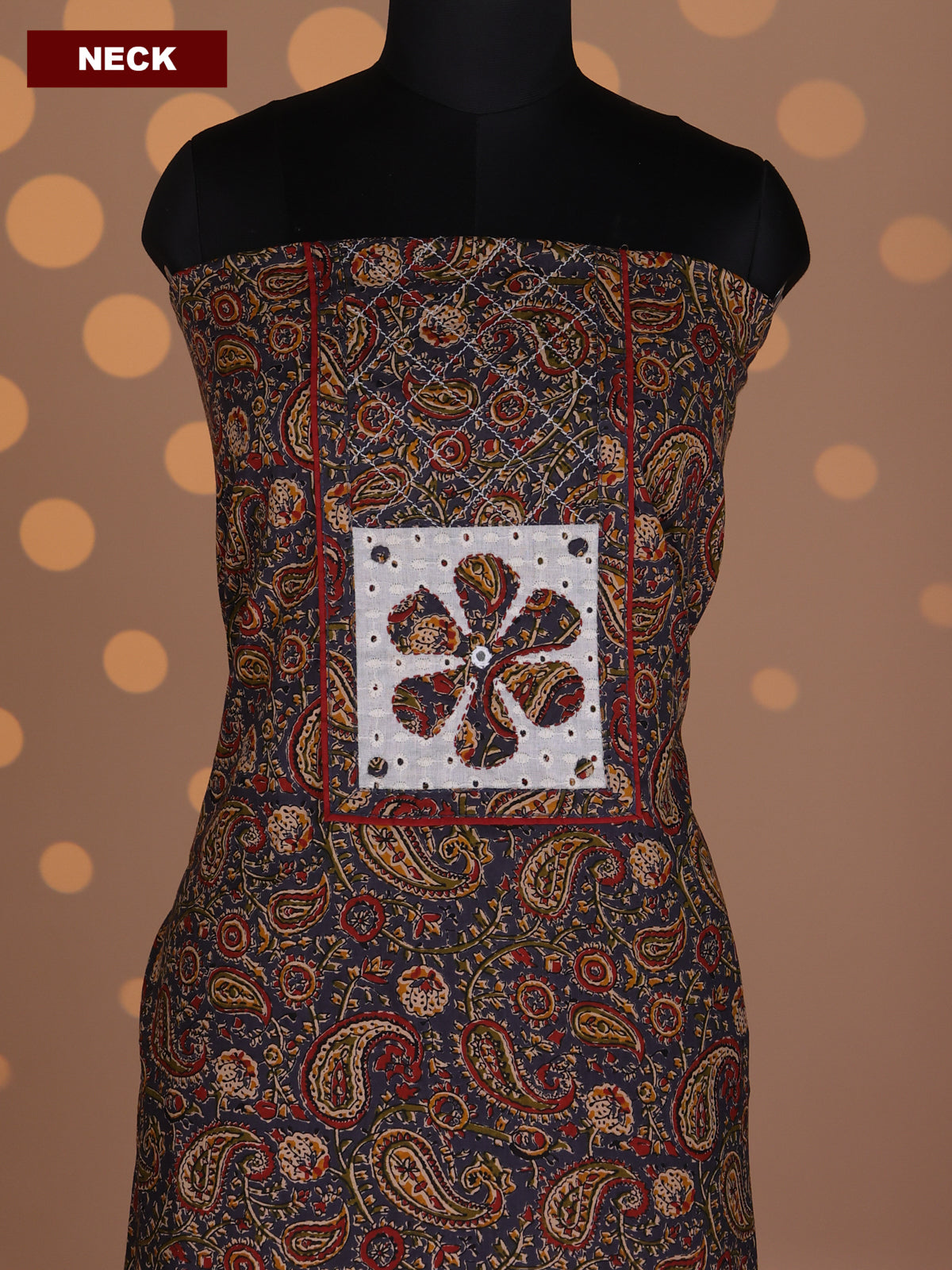 Dark Grey and Red Cotton Dress Material With Allover Kalamkari Prints & Patch Work Neck Pattern and Bottom & Dupatta
