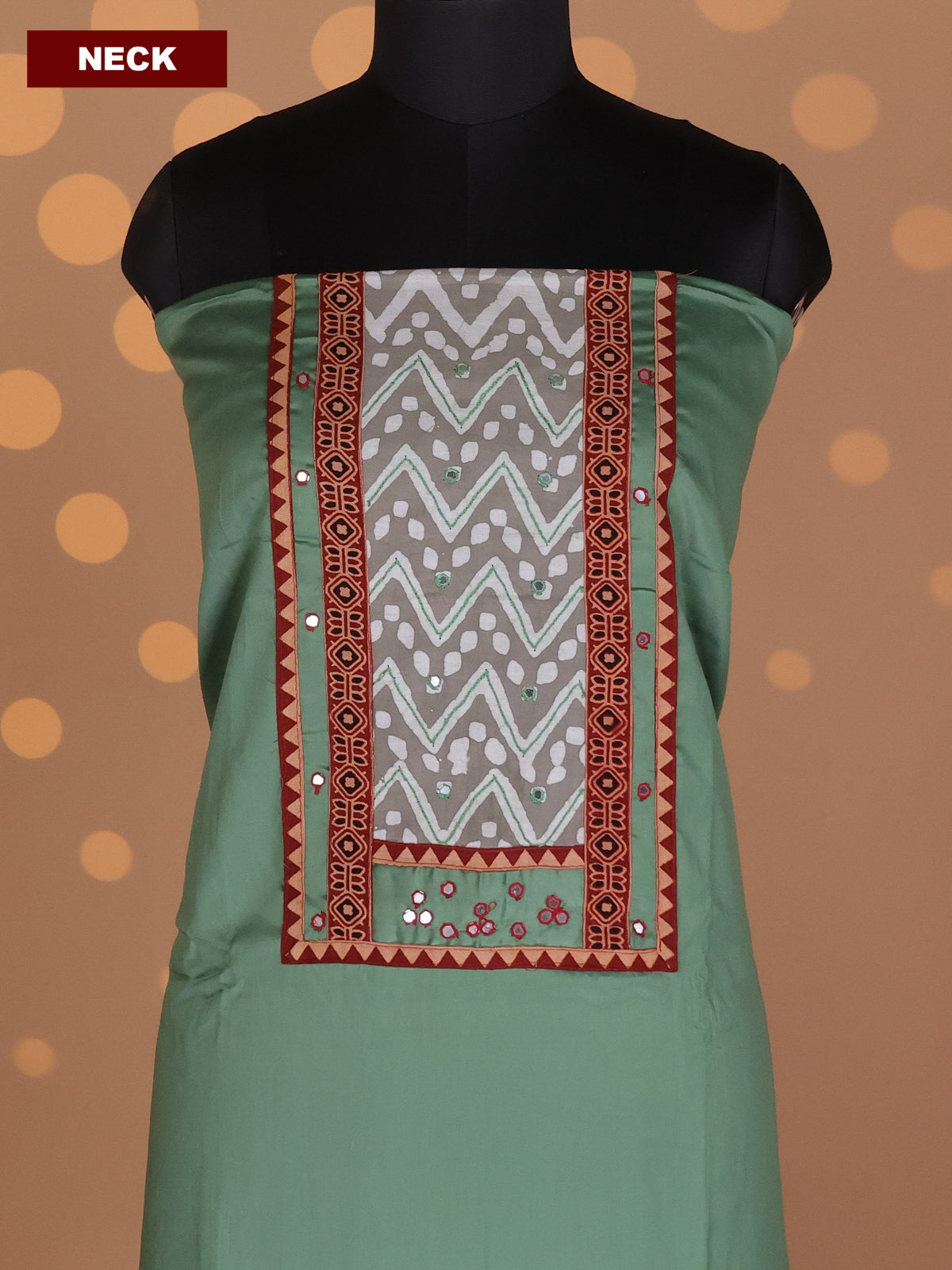 Pastel Green and Grey Cotton Dress Material With Plain Body & Embroidery Work Neck Pattern and Kalamkari Bottom & Dupatta