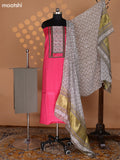 Candy Pink and Grey Cotton Dress Material With Plain Body & Embroidery Work Neck Pattern and Kalamkari Bottom & Dupatta