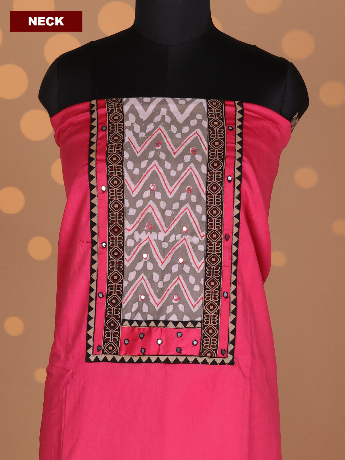 Candy Pink and Grey Cotton Dress Material With Plain Body & Embroidery Work Neck Pattern and Kalamkari Bottom & Dupatta