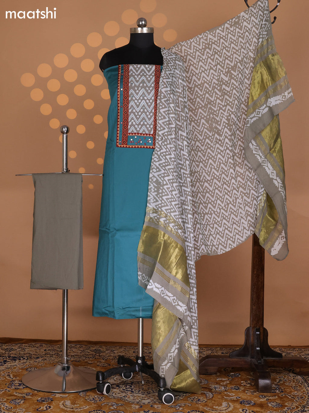 Teal Green and Grey Cotton Dress Material With Plain Body & Embroidery Work Neck Pattern and Kalamkari Bottom & Dupatta