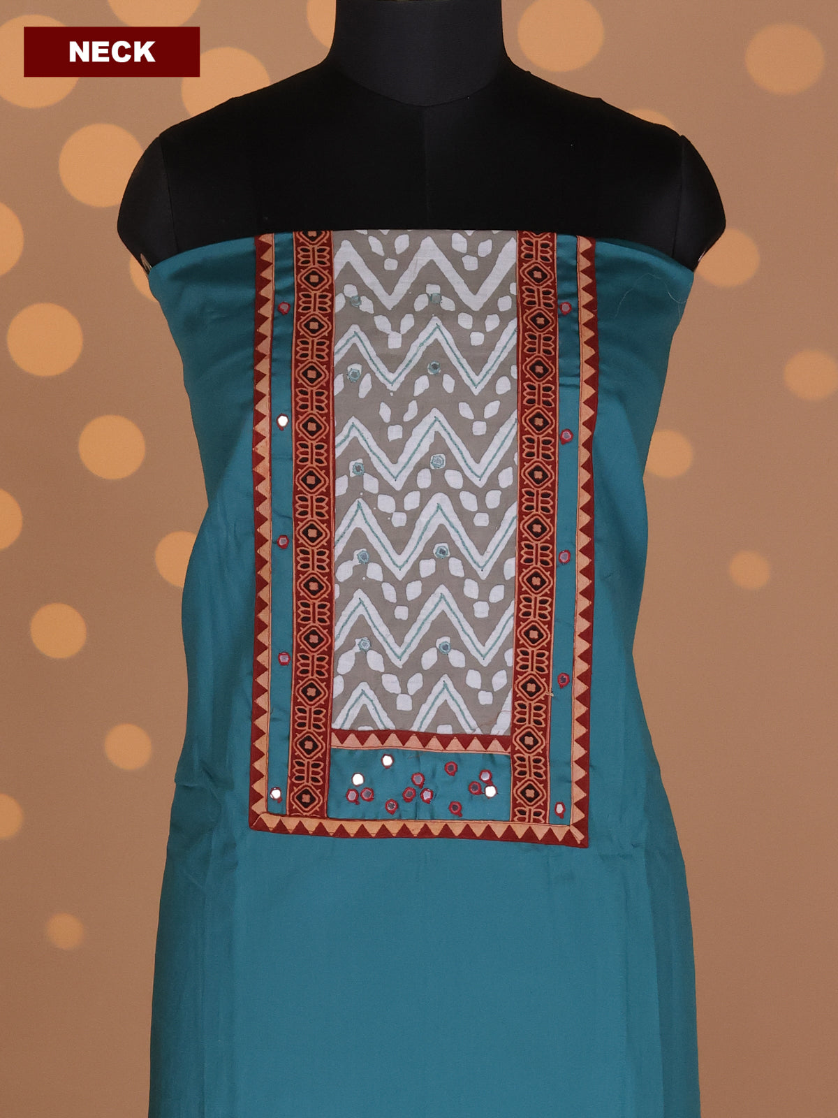 Teal Green and Grey Cotton Dress Material With Plain Body & Embroidery Work Neck Pattern and Kalamkari Bottom & Dupatta