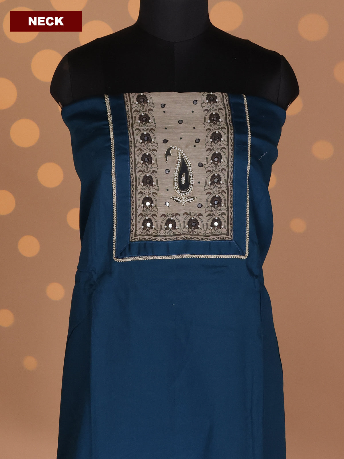 Dark Peacock Blue and Beige Grey Cotton Dress Material With Plain Body & Embroidery Work Neck Pattern and Kalamkari Bottom & Dupatta