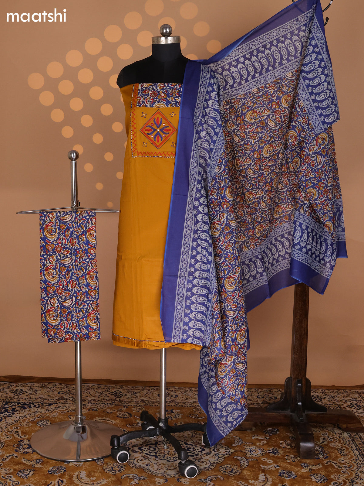 Mustard Yellow and Blue Cotton Dress Material With Plain Body & Embroidery Work Neck Pattern and Kalamkari Bottom & Dupatta