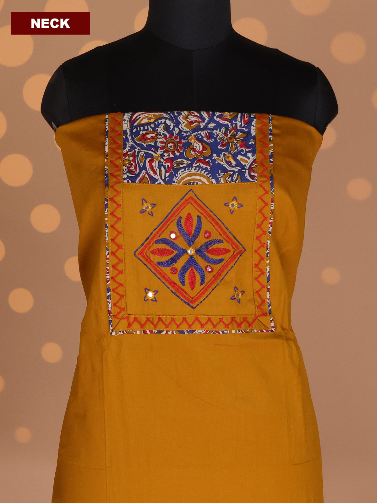 Mustard Yellow and Blue Cotton Dress Material With Plain Body & Embroidery Work Neck Pattern and Kalamkari Bottom & Dupatta