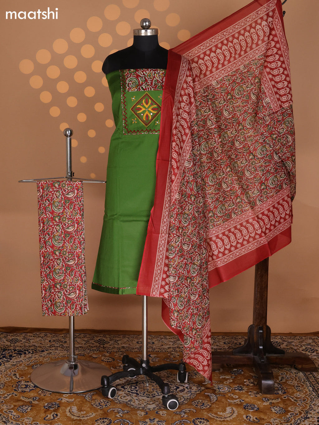 Green and Maroon Cotton Dress Material With Plain Body & Embroidery Work Neck Pattern and Kalamkari Bottom & Dupatta