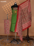 Green and Maroon Cotton Dress Material With Plain Body & Embroidery Work Neck Pattern and Kalamkari Bottom & Dupatta