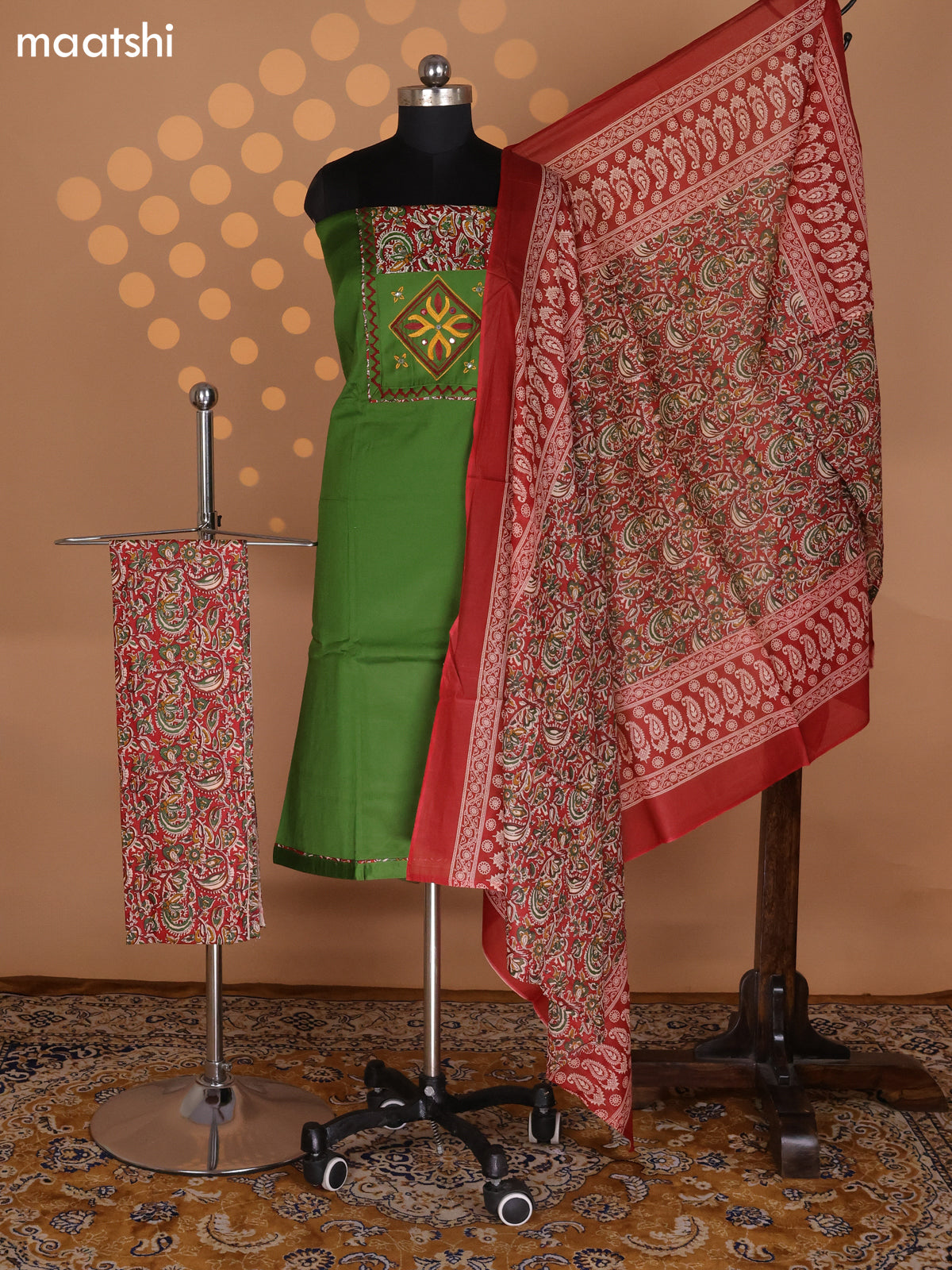 Green and Maroon Cotton Dress Material With Plain Body & Embroidery Work Neck Pattern and Kalamkari Bottom & Dupatta
