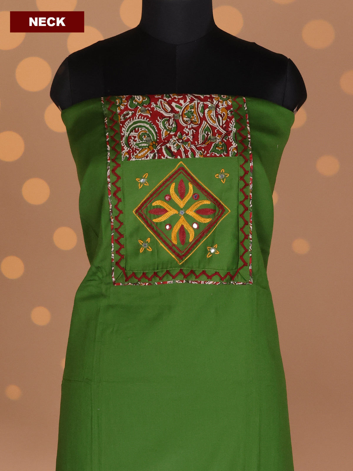 Green and Maroon Cotton Dress Material With Plain Body & Embroidery Work Neck Pattern and Kalamkari Bottom & Dupatta