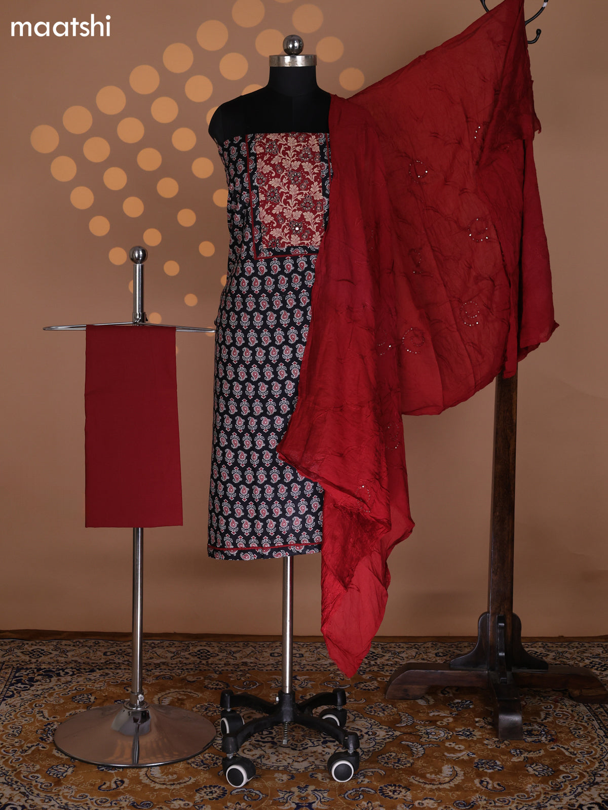 Black and Maroon Cotton Dress Material With Butta Prints & Simple Embroidery Work Neck Pattern and Bottom & Dupatta