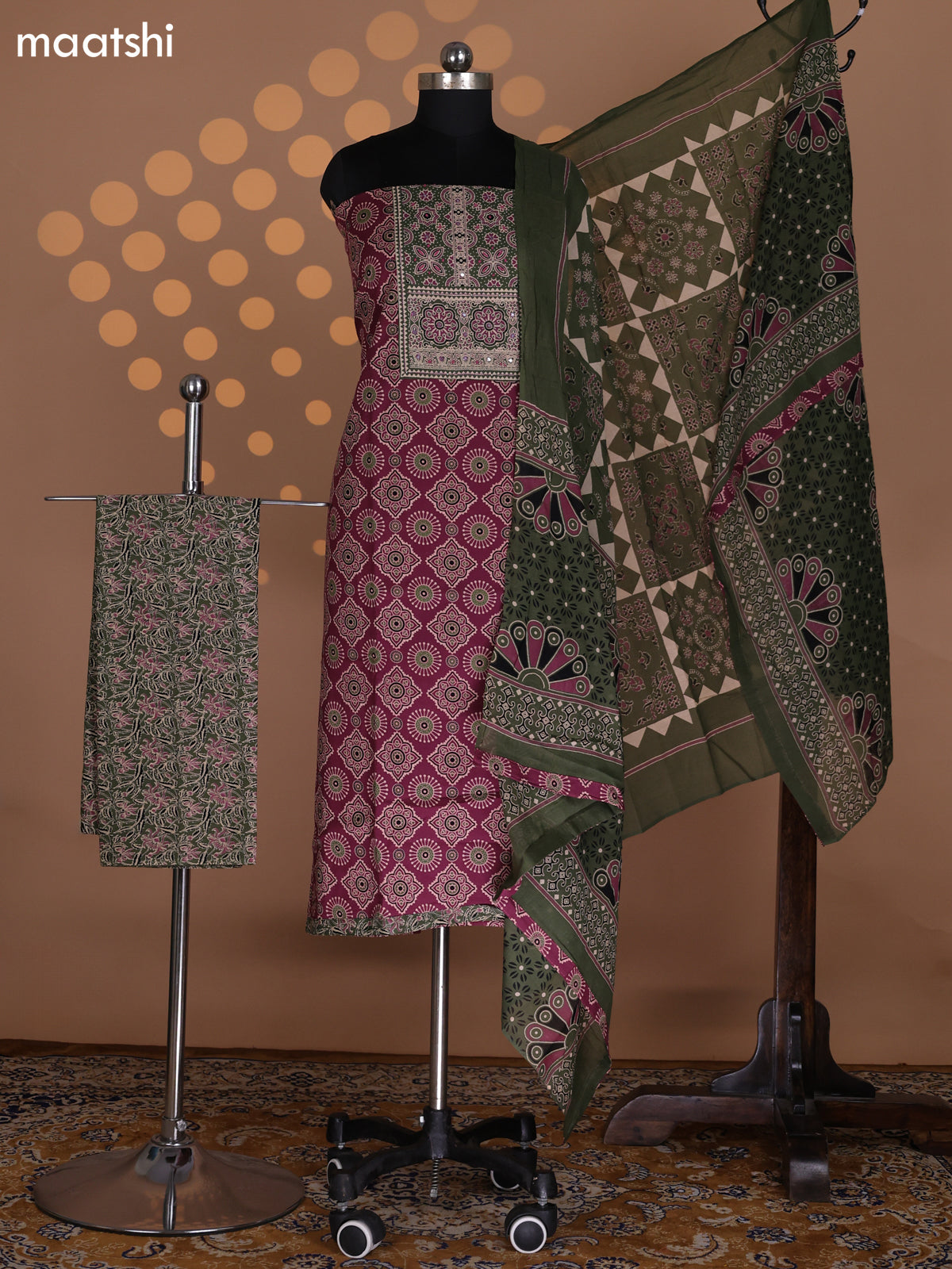 Maroon and Sap Green Cotton Dress Material With Allover Ajrakh Prints & Patch Work Neck Pattern and Bottom & Dupatta