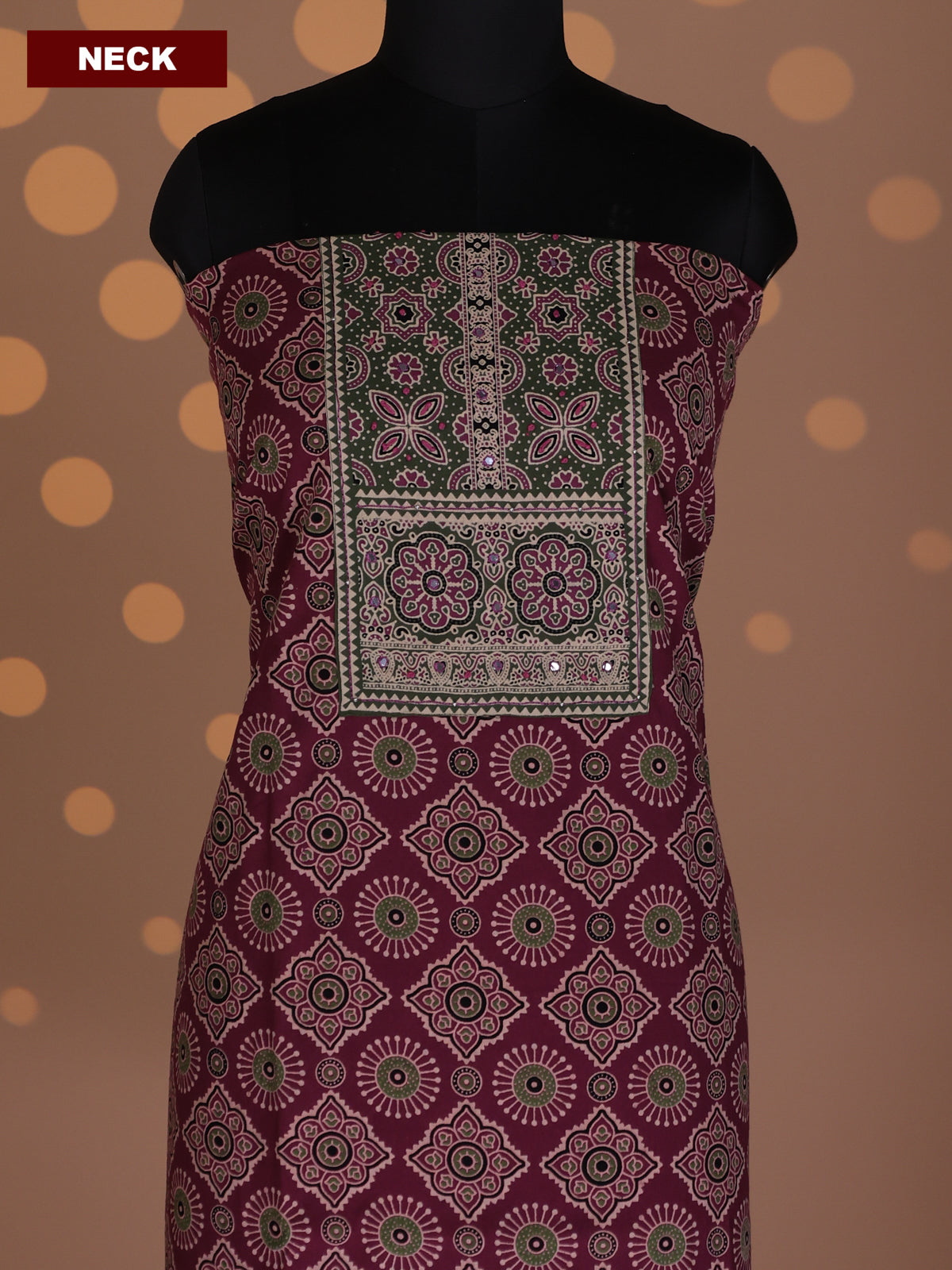 Maroon and Sap Green Cotton Dress Material With Allover Ajrakh Prints & Patch Work Neck Pattern and Bottom & Dupatta