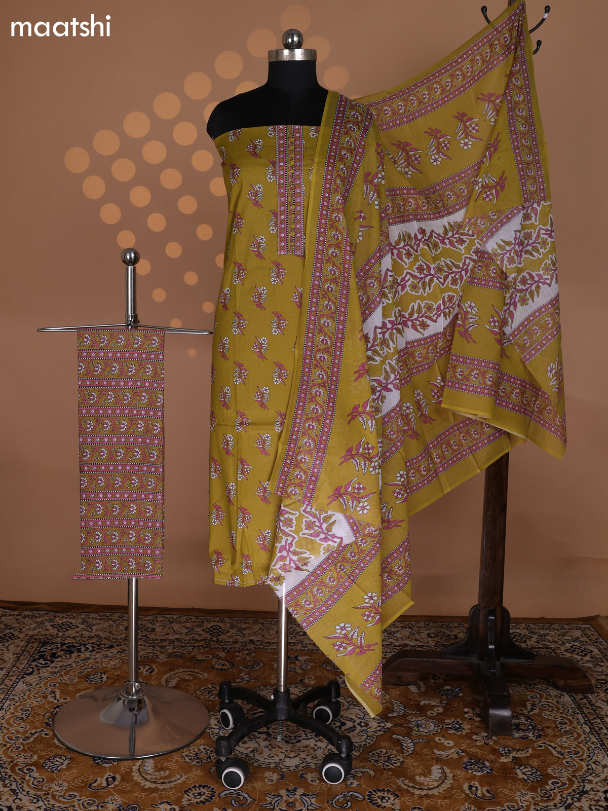 Dark Mustard and Off White Cotton Dress Material With Floral Butta Prints and Bottom & Dupatta