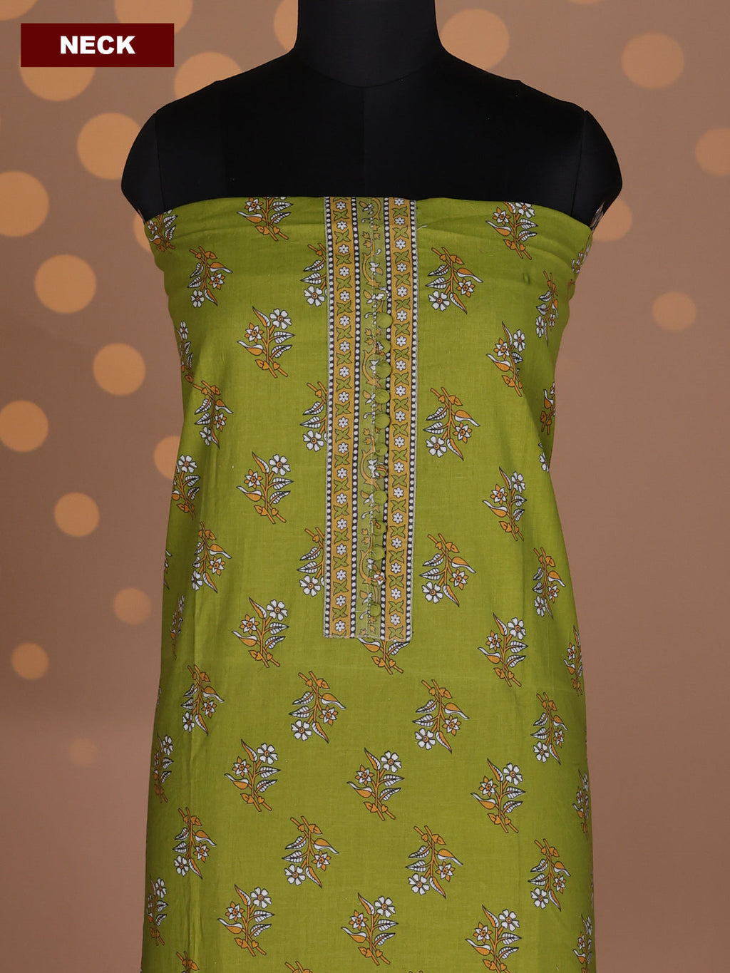 Light Green and Off White Cotton Dress Material With Floral Butta Prints and Bottom & Dupatta