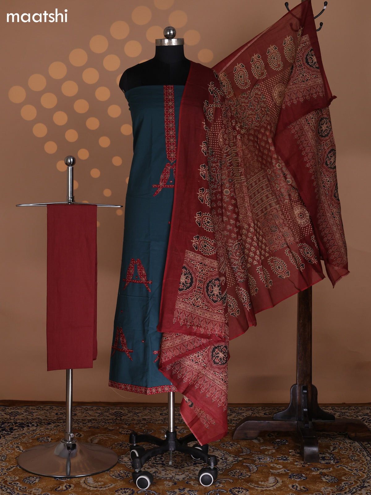 Peacock Green and Rustic Maroon Cotton Dress Material With Patch Work Pattern and Bottom & Dupatta