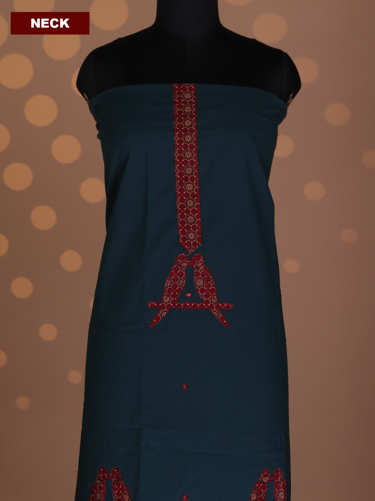 Peacock Green and Rustic Maroon Cotton Dress Material With Patch Work Pattern and Bottom & Dupatta