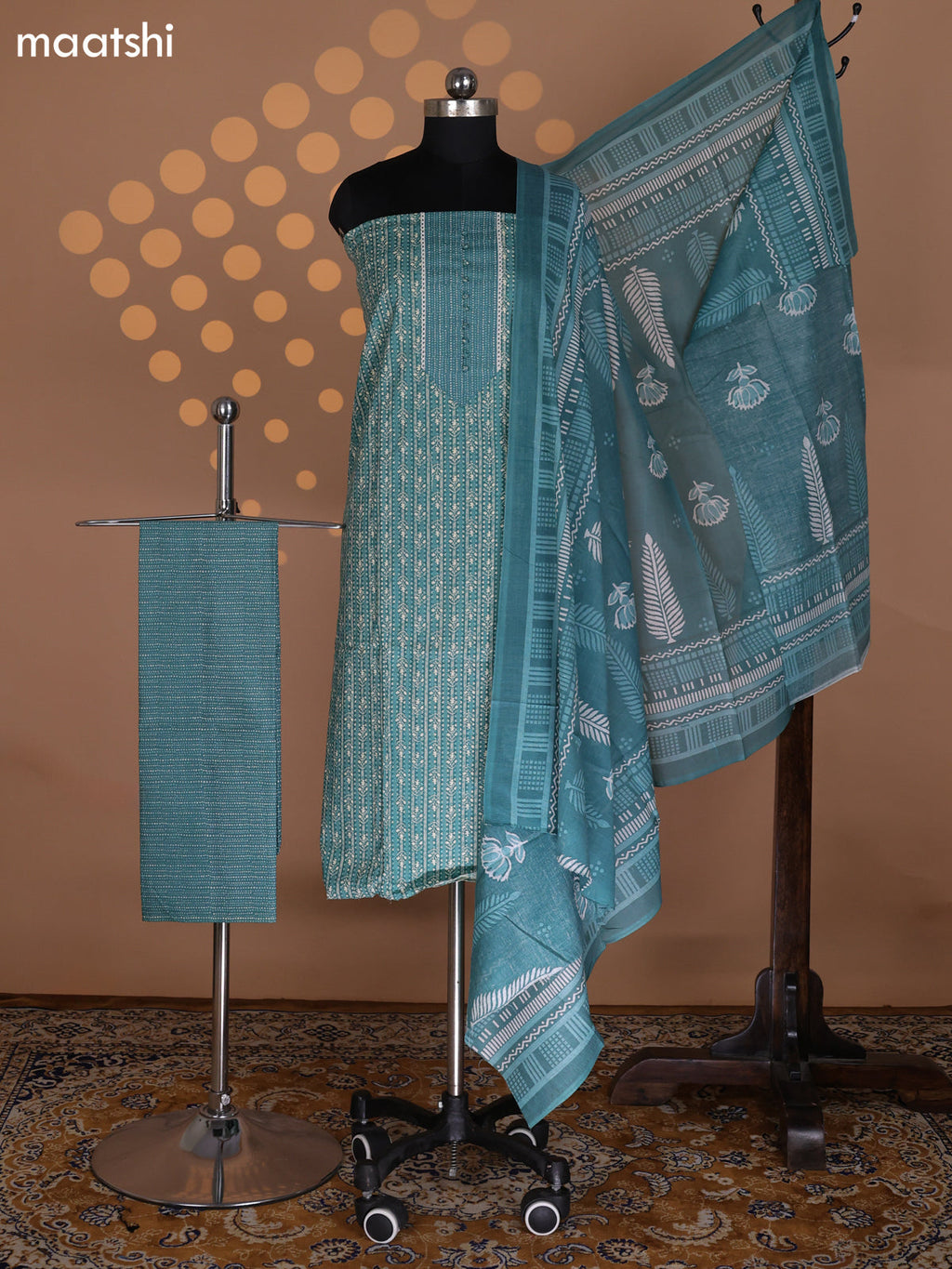 Teal Green Cotton Dress Material With Allover Prints and Bottom & Dupatta