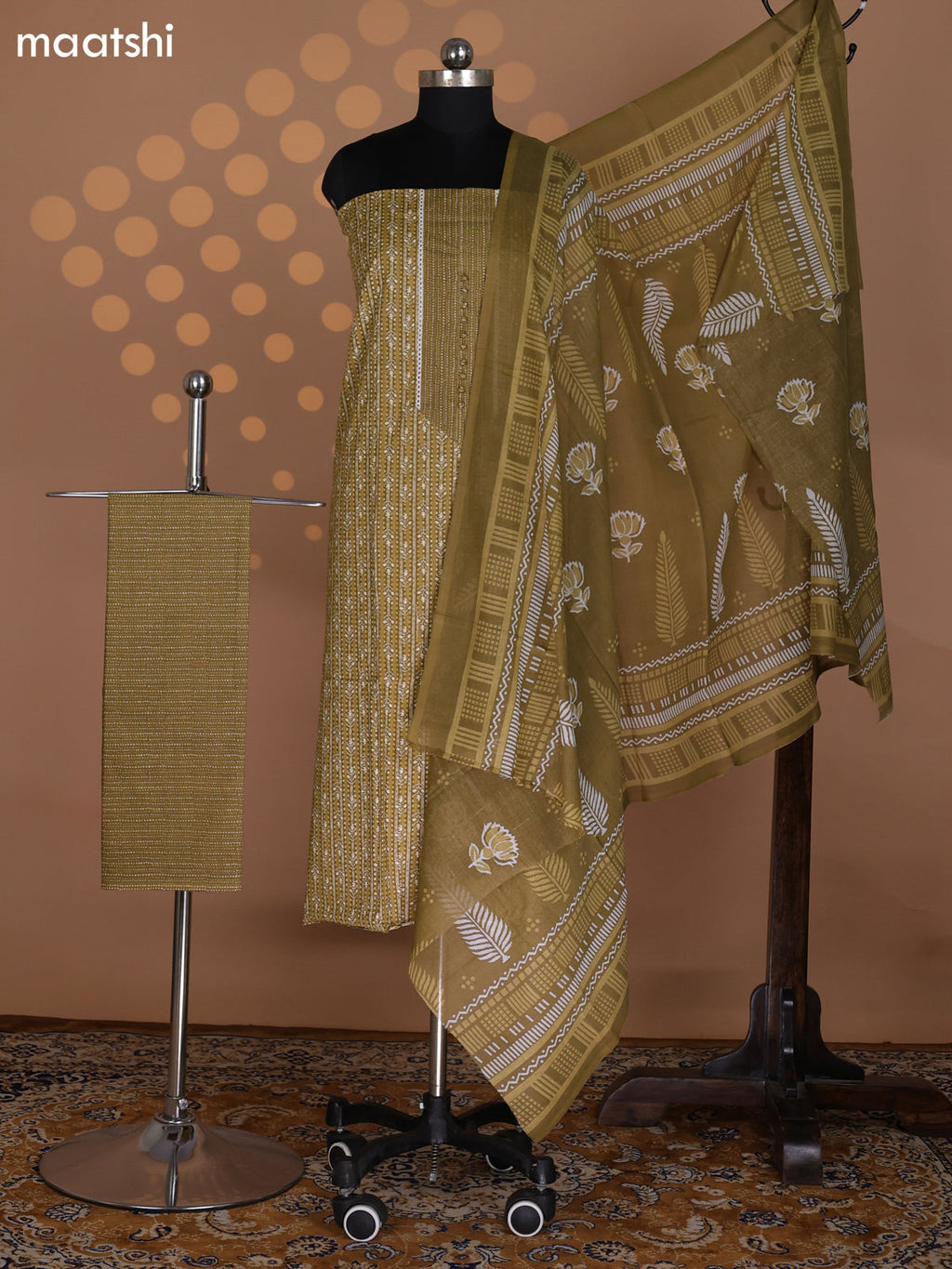 Dark Mustard Cotton Dress Material With Allover Prints and Bottom & Dupatta