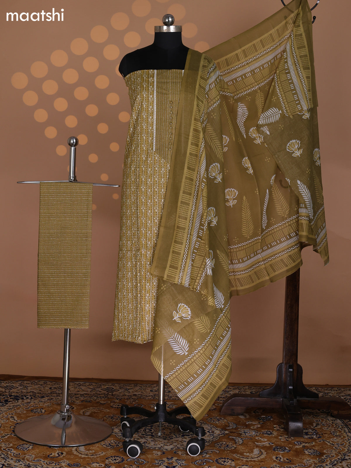 Dark Mustard Cotton Dress Material With Allover Prints and Bottom & Dupatta